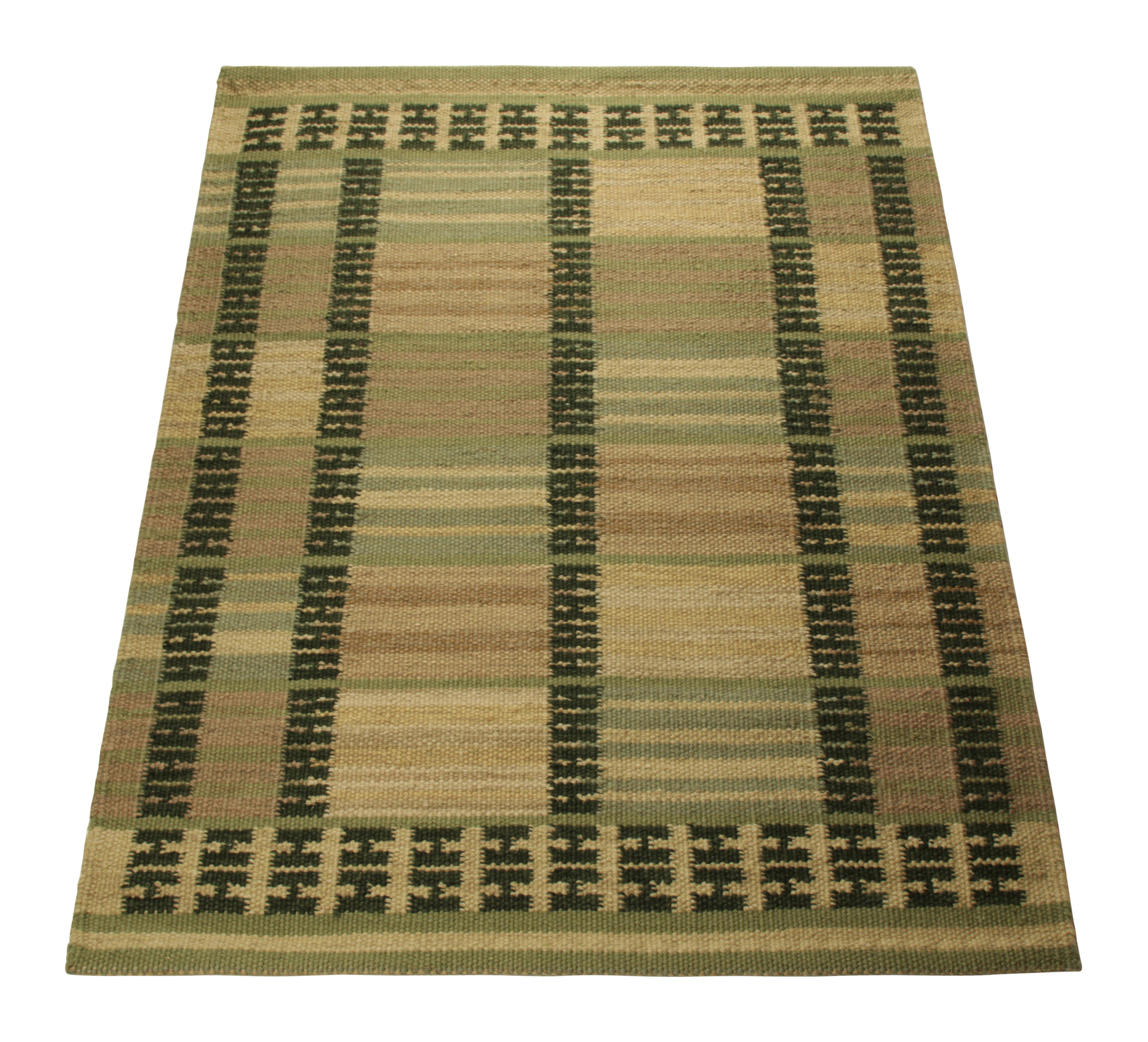 Indian Rug & Kilim’s Scandinavian Style Square Rug in Green, with Geometric Stripes For Sale