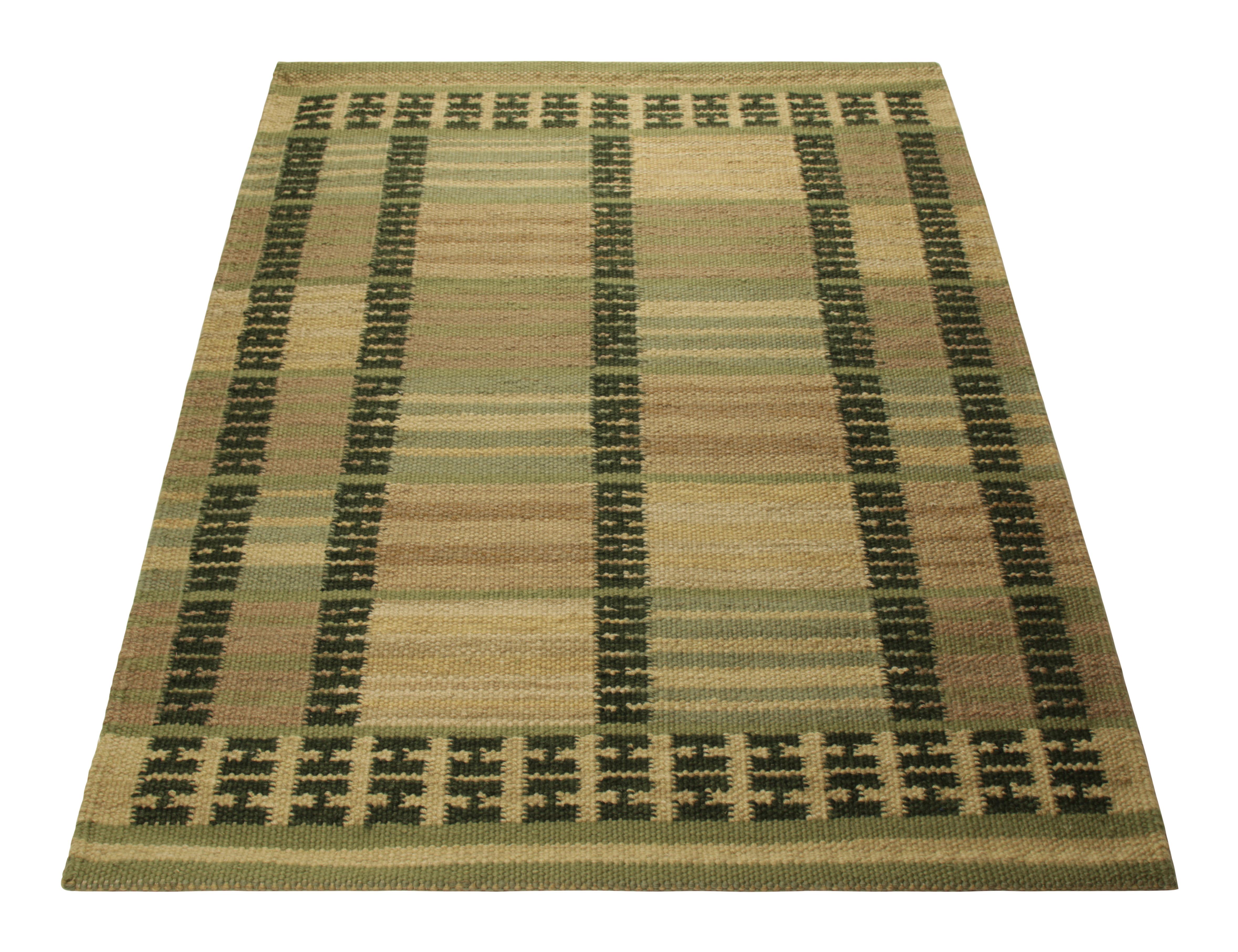 Hand-Woven Rug & Kilim’s Scandinavian Style Square Rug in Green, with Geometric Stripes For Sale