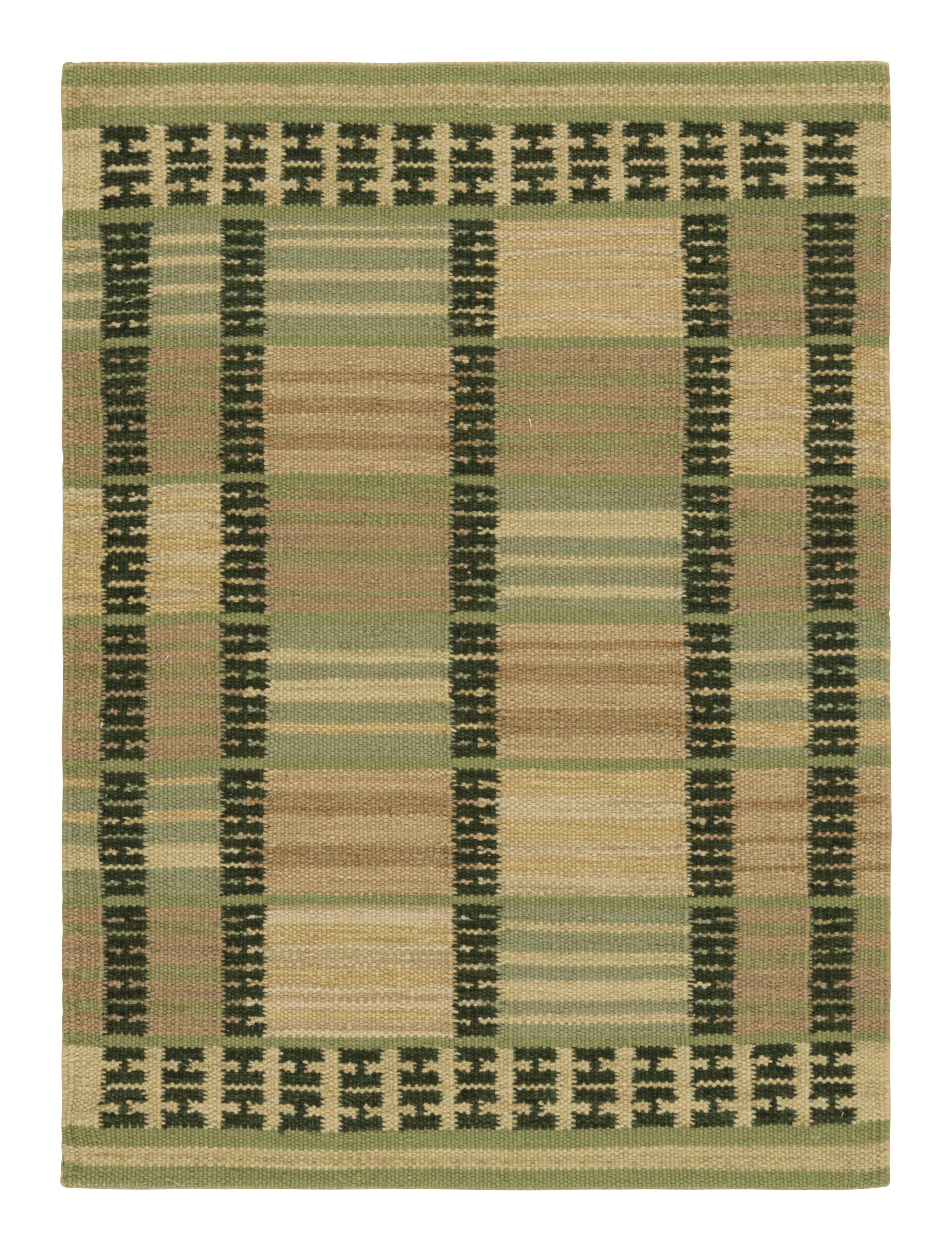 Rug & Kilim’s Scandinavian Style Square Rug in Green, with Geometric Stripes