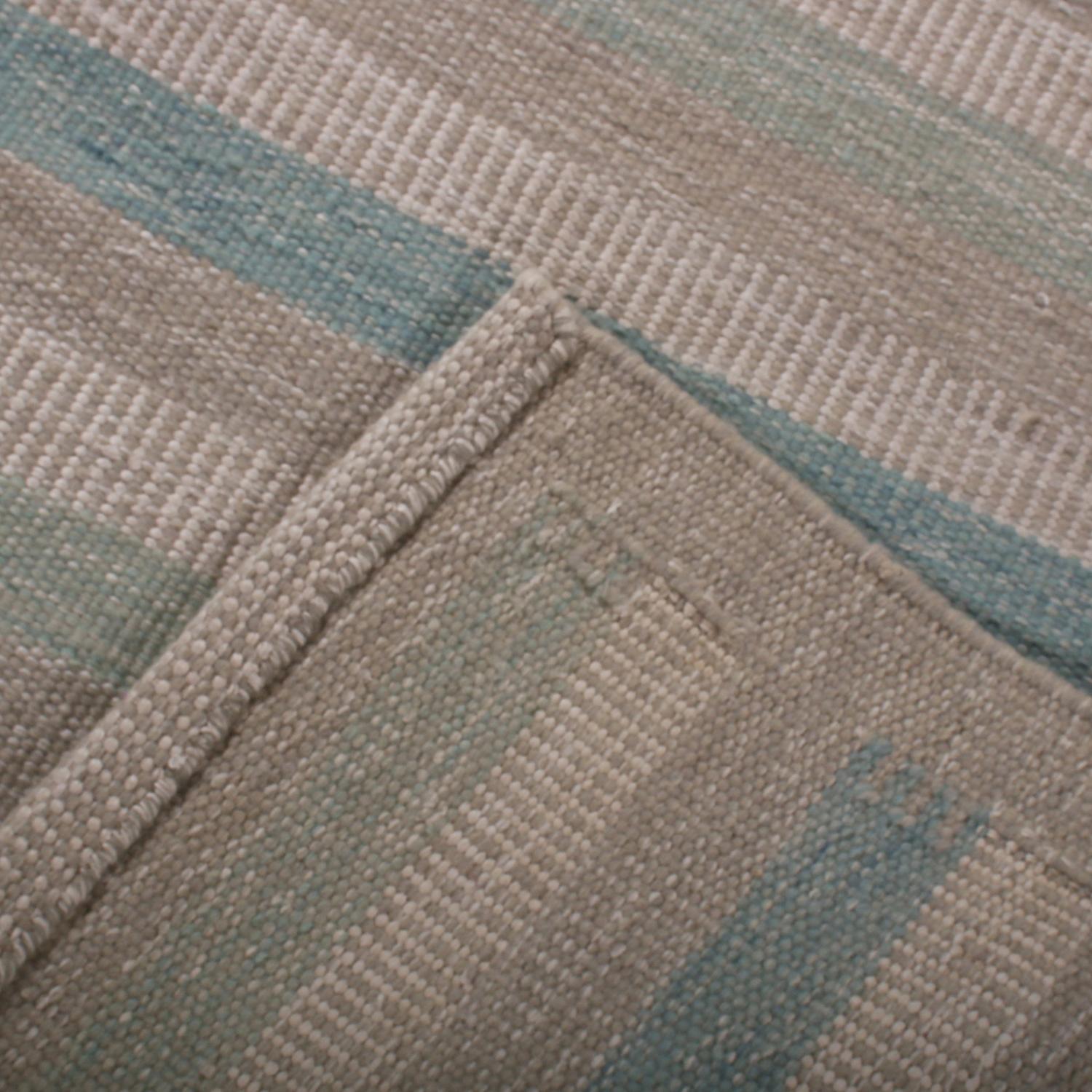 Scandinavian Modern Rug & Kilim’s Scandinavian Style Striped Beige-Brown Green and Blue Wool Kilim