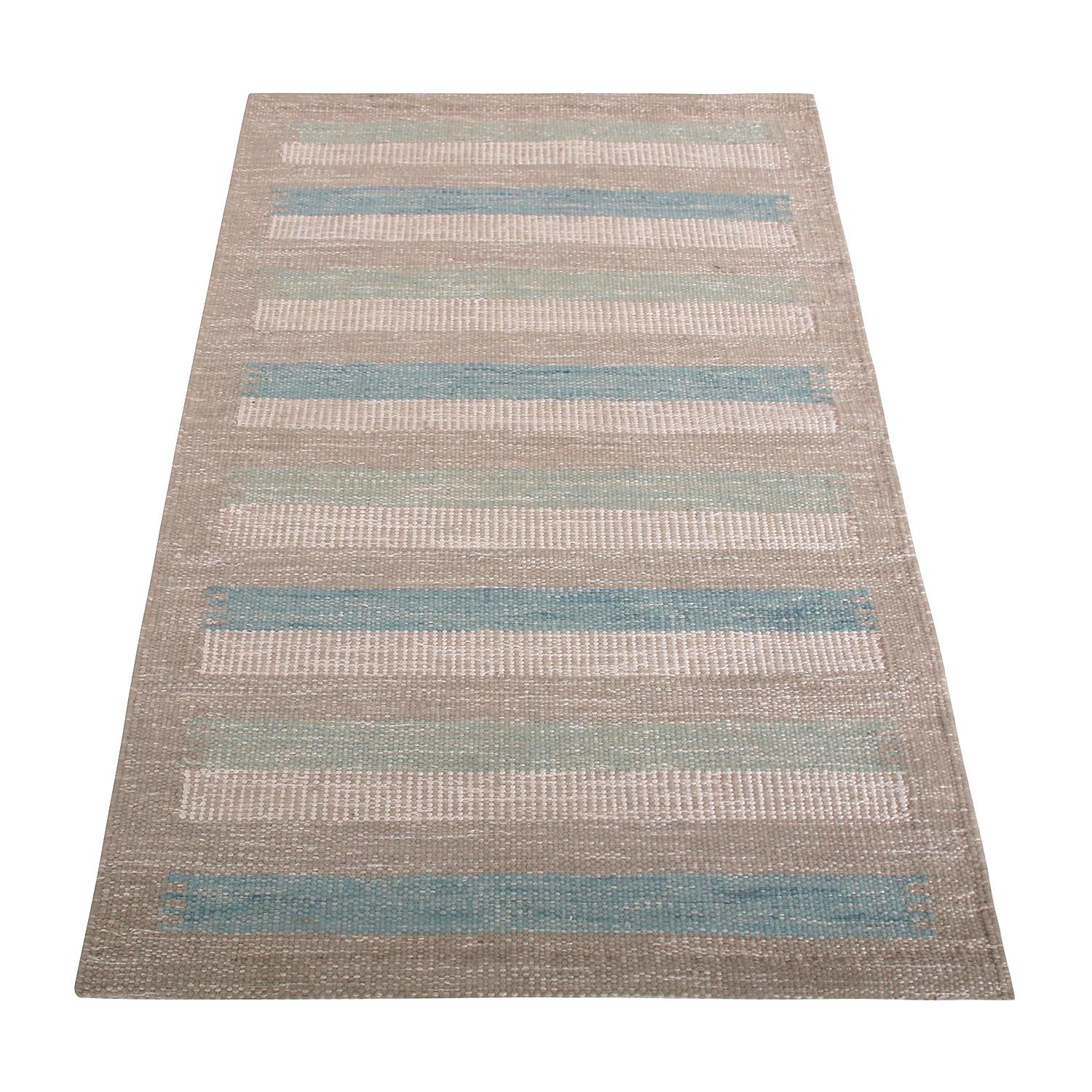 Indiano Rug & Kilim è un kilim in lana a righe beige-marrone, verde e blu in stile scandinavo. in vendita