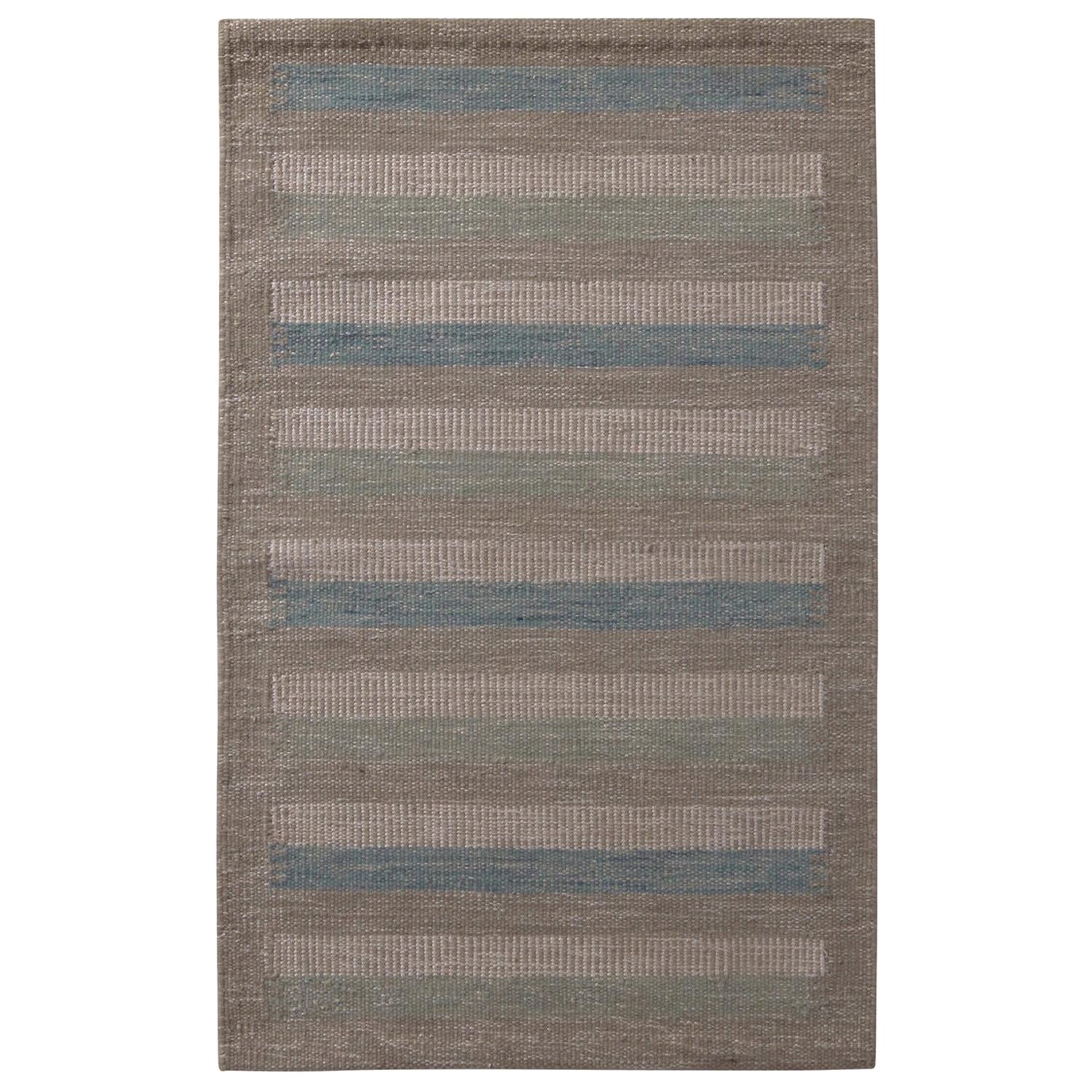 Rug & Kilim’s Scandinavian Style Striped Beige-Brown Green and Blue Wool Kilim