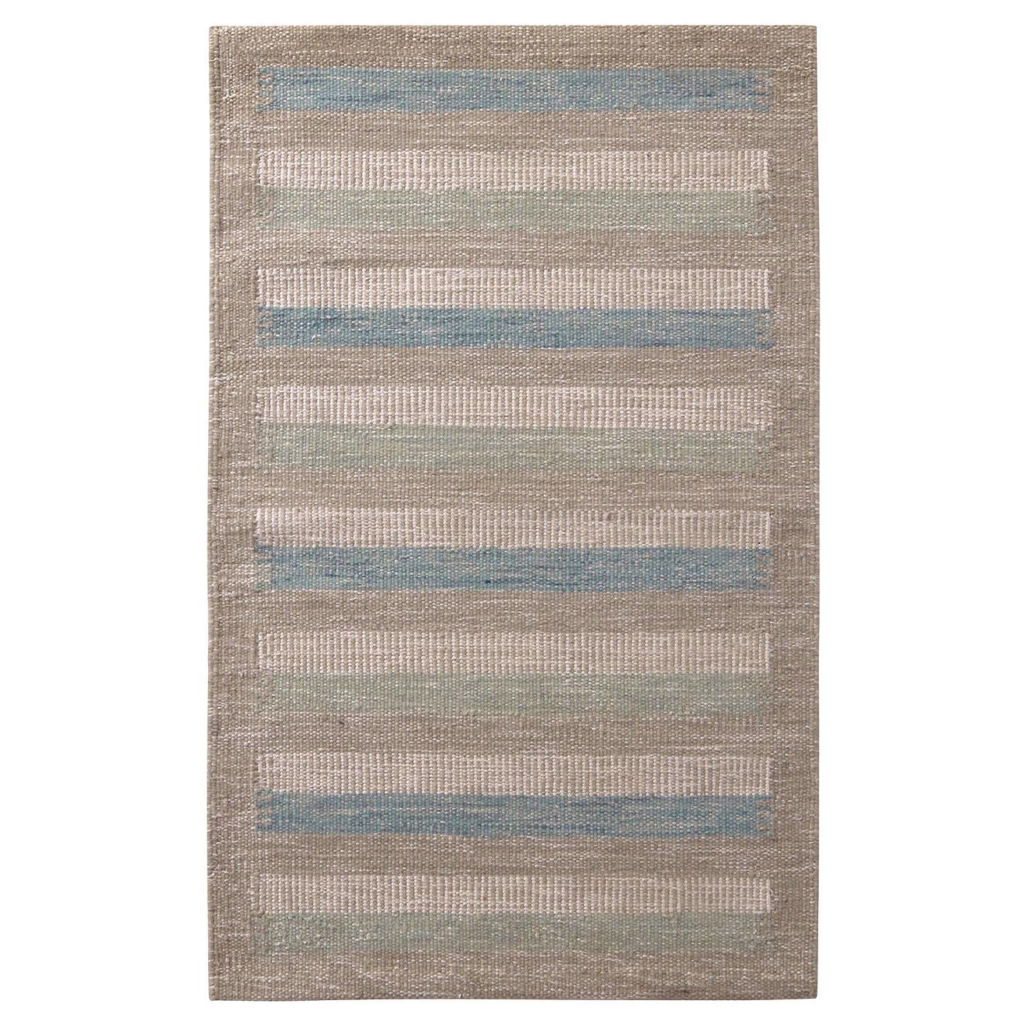 Rug & Kilim’s Scandinavian Style Striped Beige-Brown Green and Blue Wool Kilim