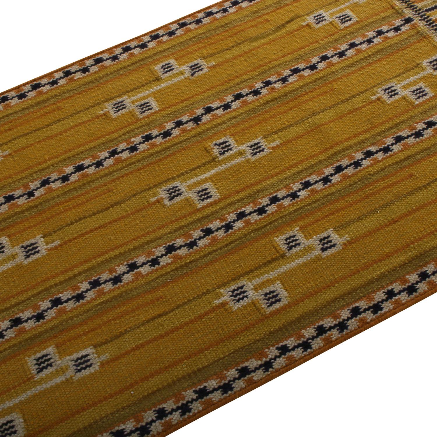 Indian Rug & Kilim’s Scandinavian Style Striped Yellow and Black Wool Kilim Runner
