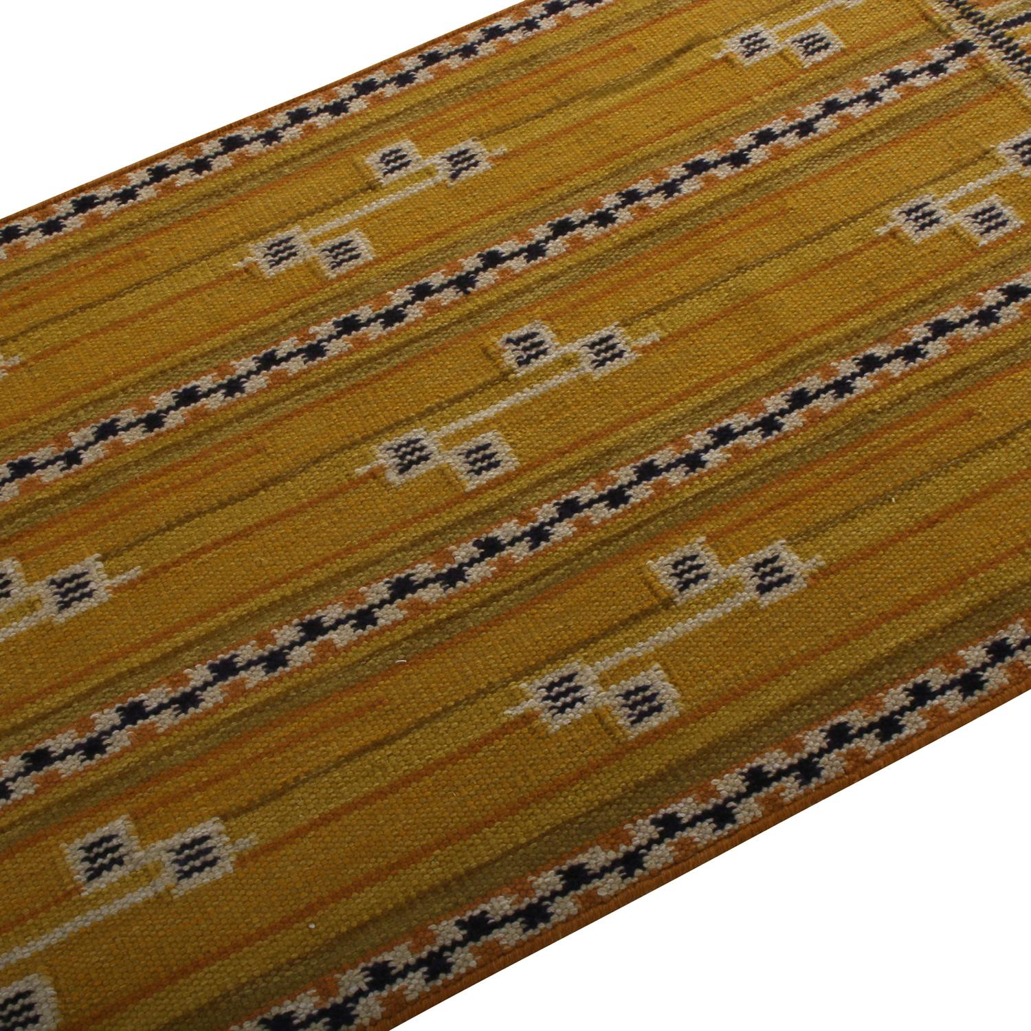 Indian Rug & Kilim’s Scandinavian Style Striped Yellow and Black Wool Kilim Runner For Sale