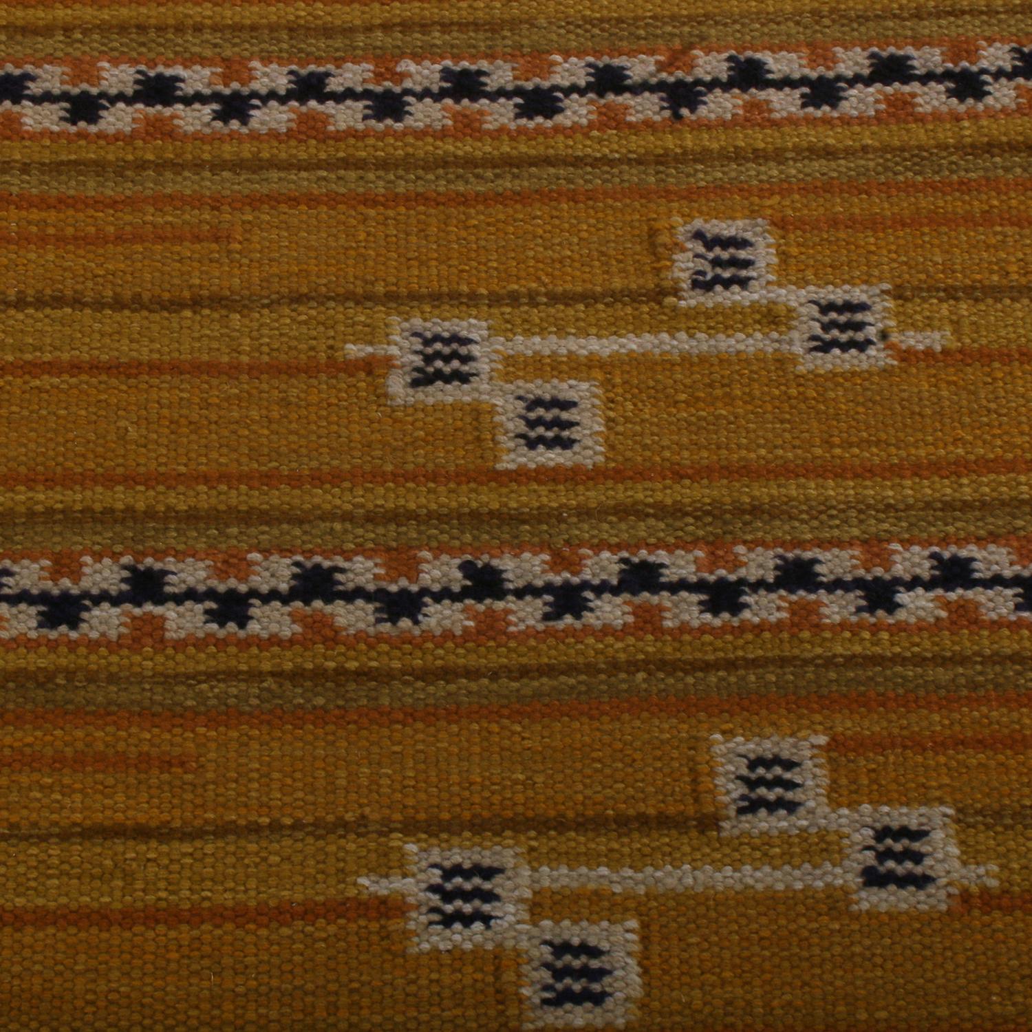 Hand-Knotted Rug & Kilim’s Scandinavian Style Striped Yellow and Black Wool Kilim Runner For Sale