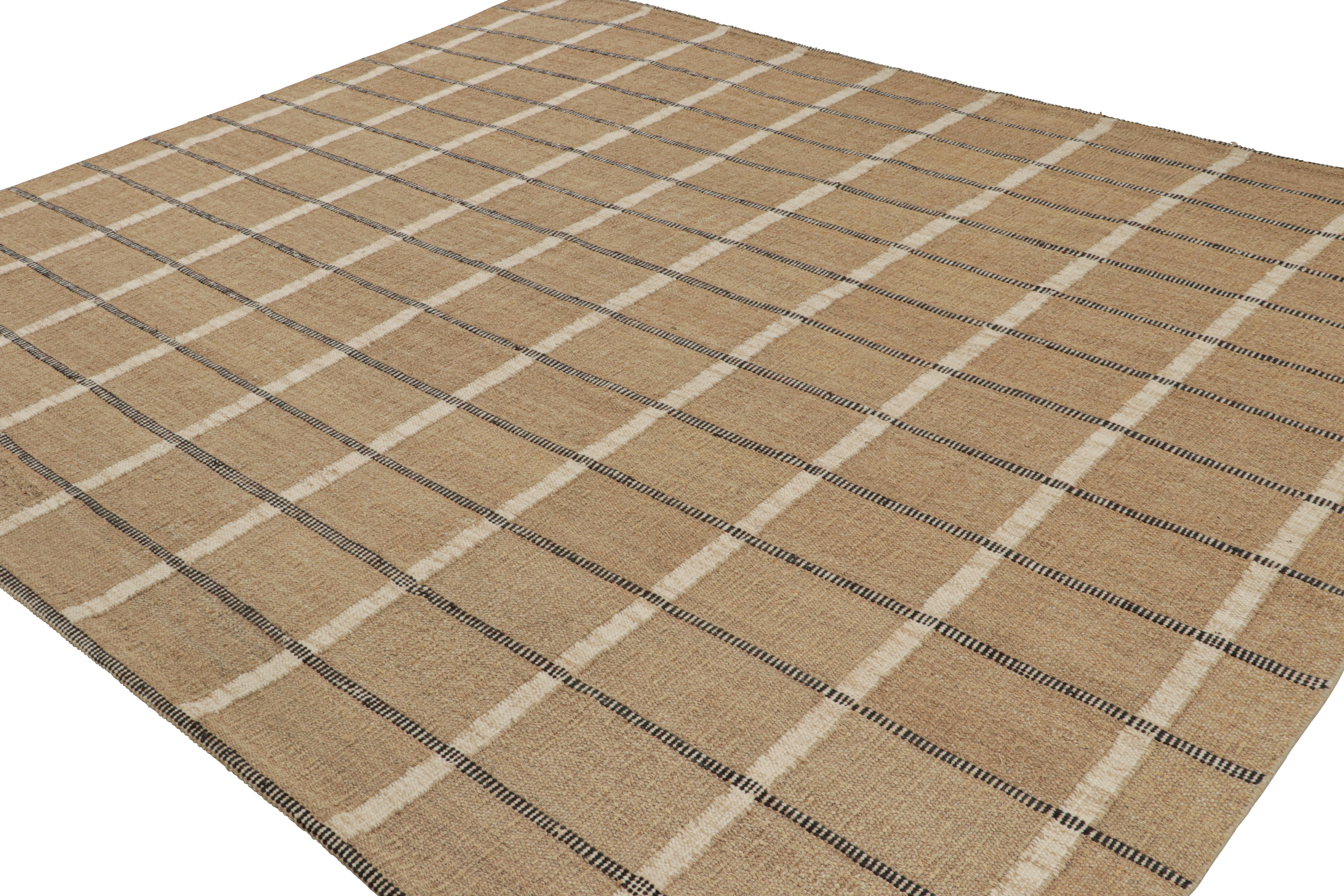 Handwoven in organic wool and hemp, this 12x10 Scandinavian Swedish Deco style kilim rug, features a simple play of beige-brown with off-white and black stripes and textural look of blended yarns that our Scandinavian Kilims are known for.

On the
