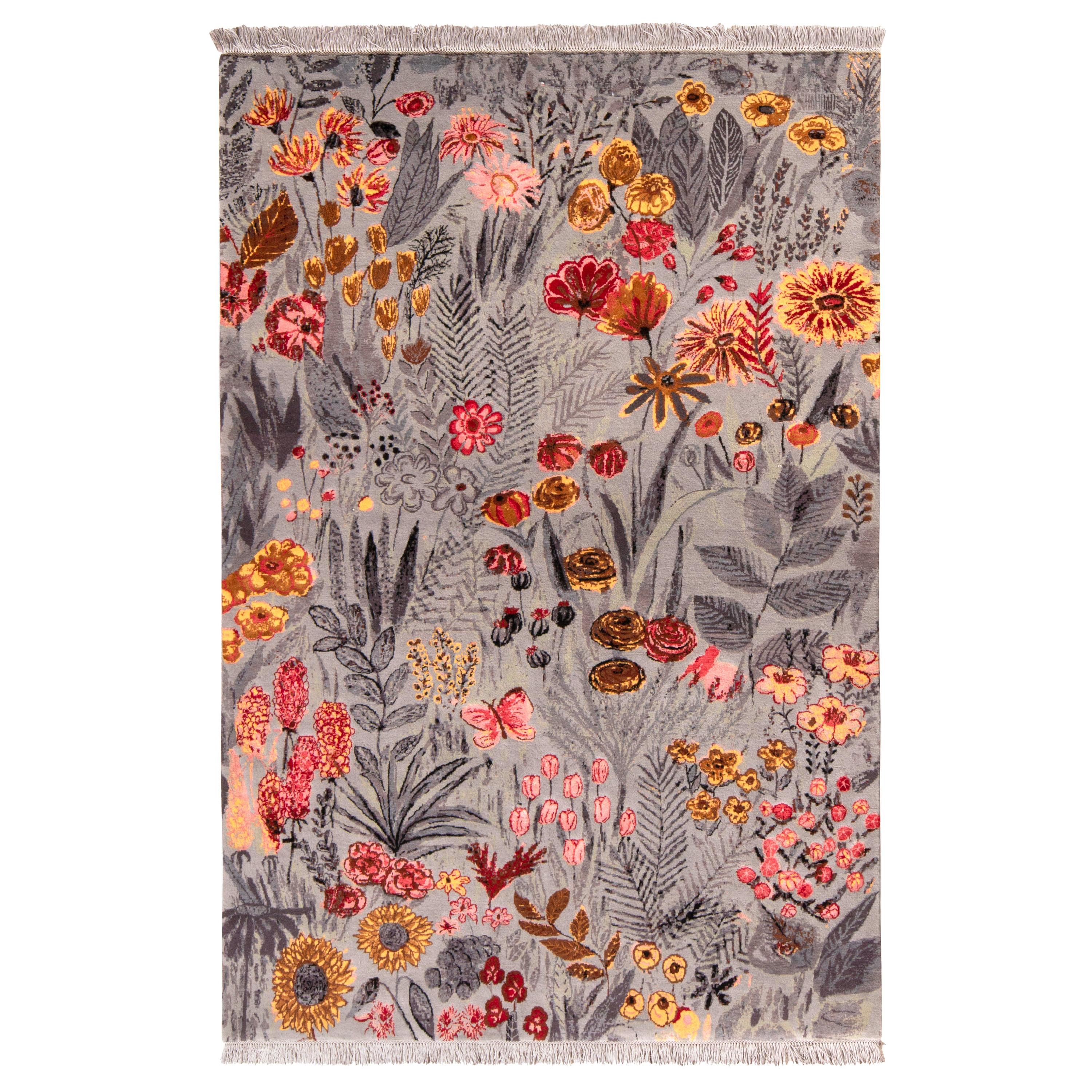 Rug & Kilim’s Seirafian Style Rug in Gray and Red Floral Pattern