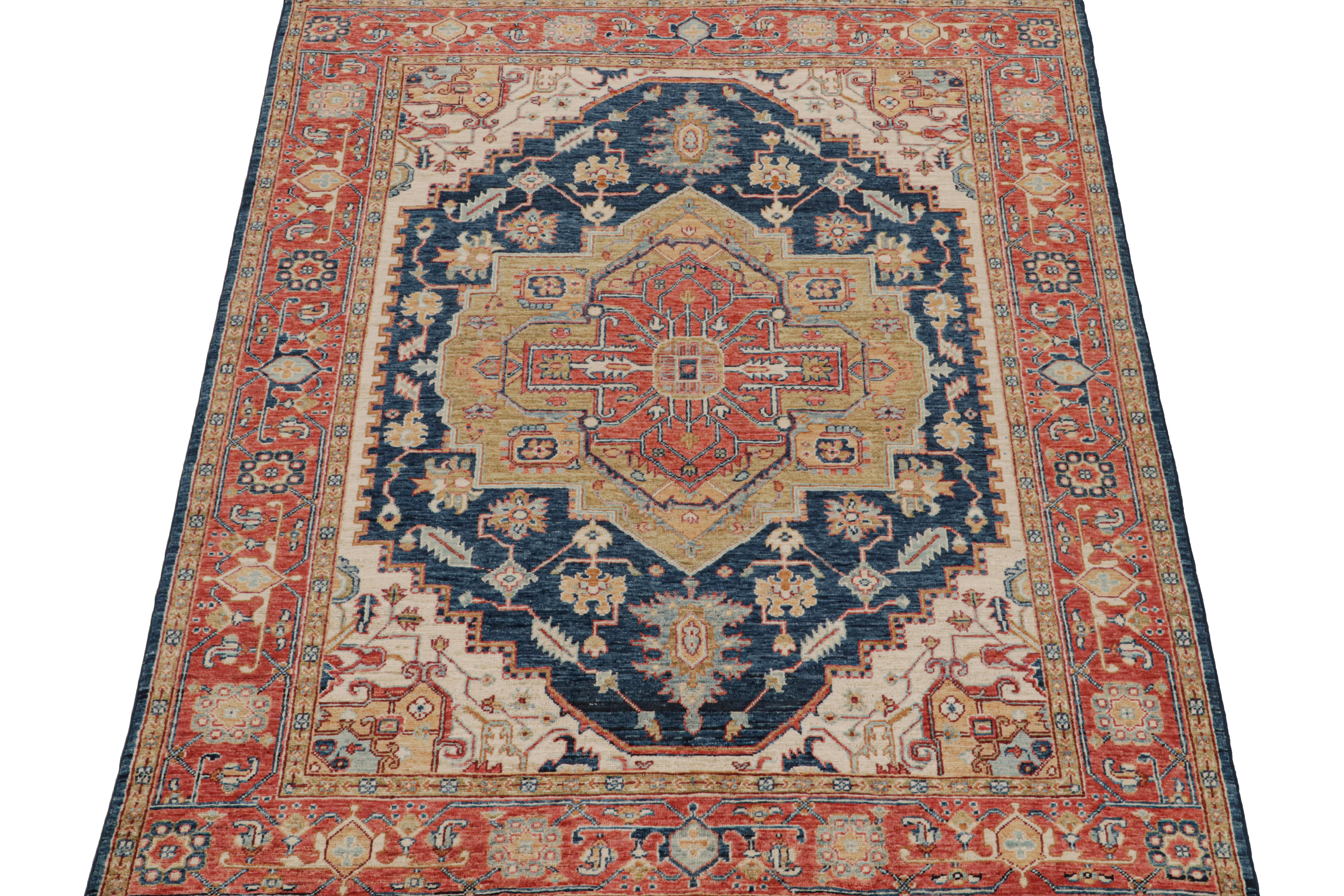 Afghan Rug & Kilim’s Serapi style rug in Blue with Beige and Red Rosette Medallion  For Sale