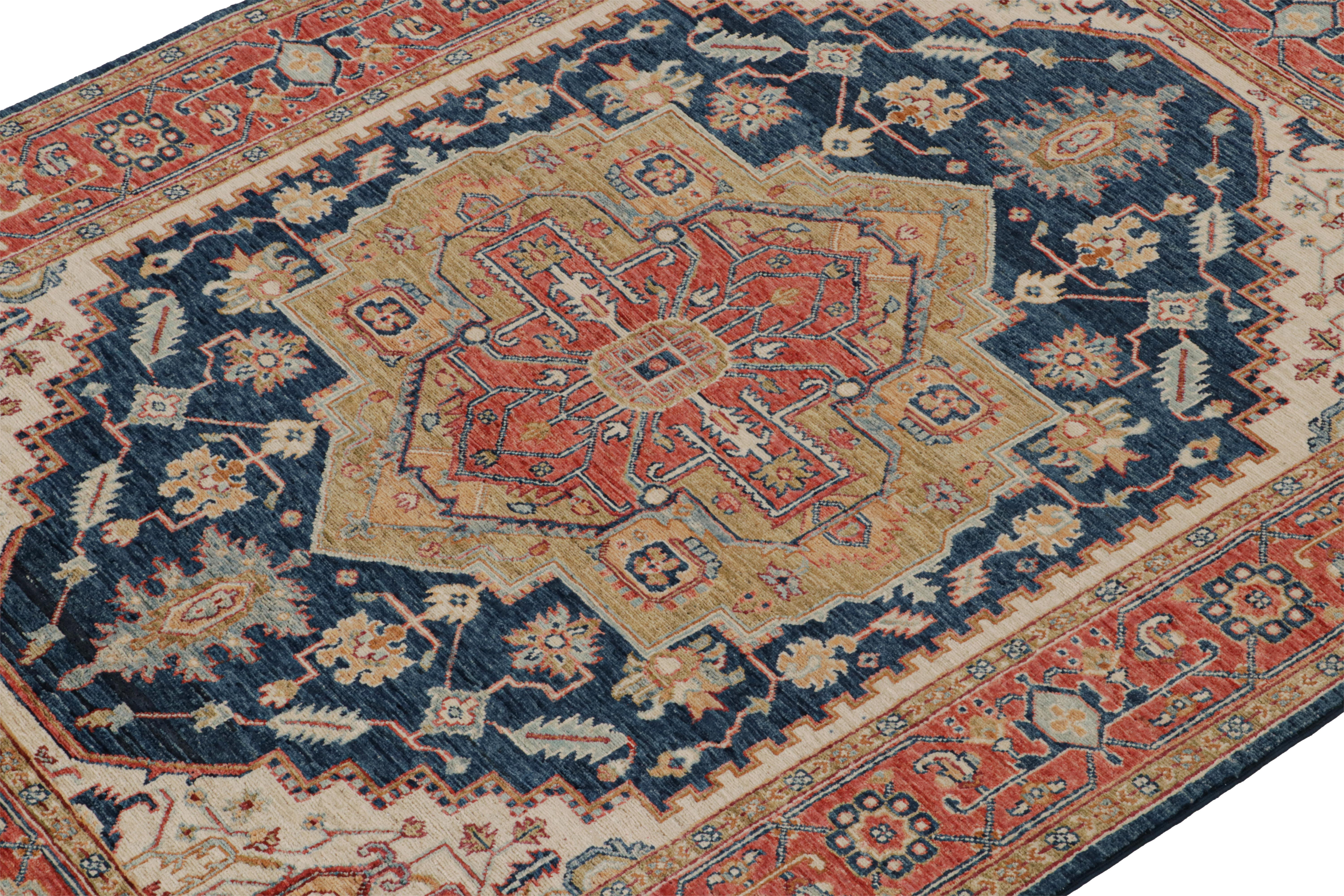 Afghan Rug & Kilim’s Serapi style rug in Blue with Beige and Red Rosette Medallion  For Sale