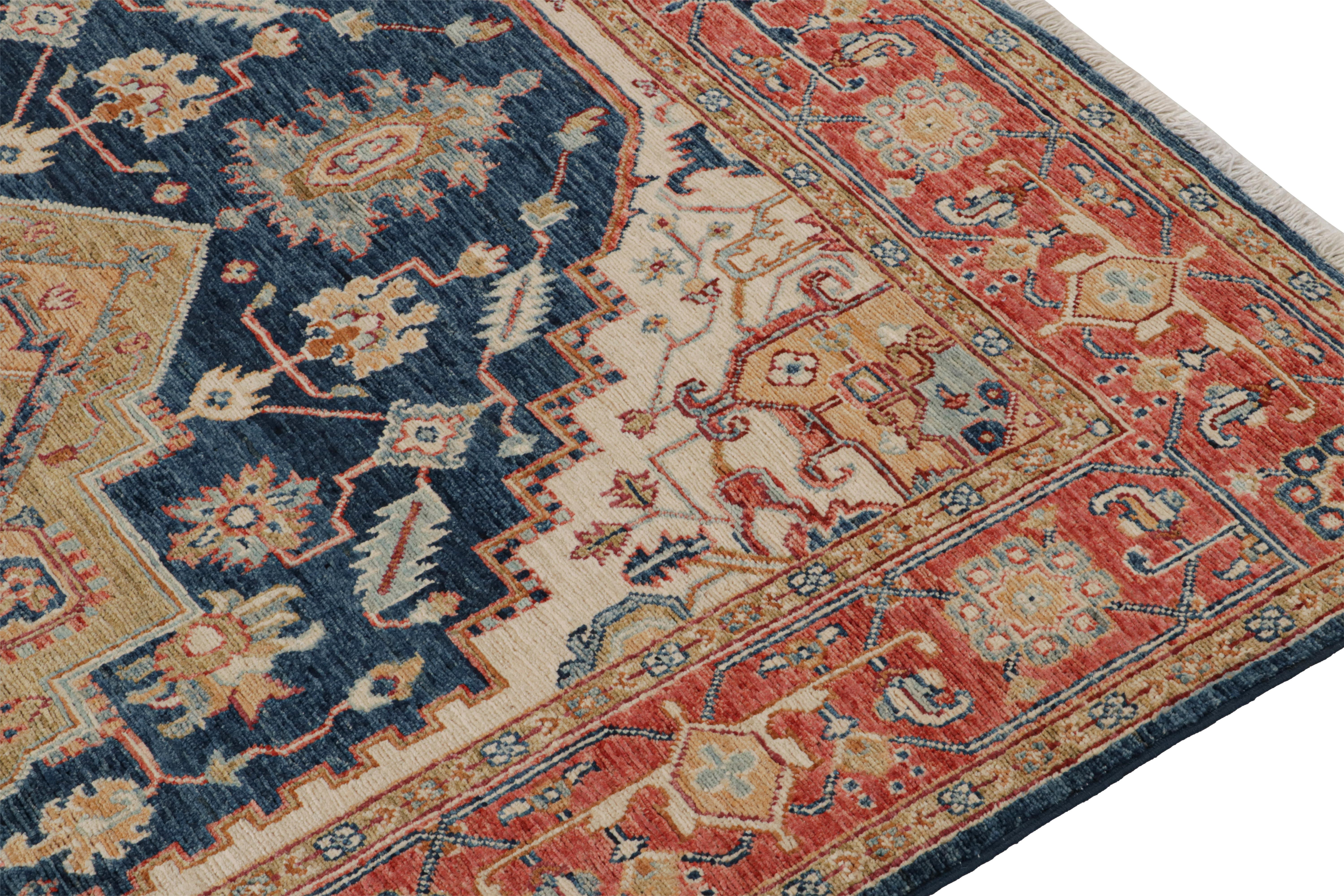 Hand-Knotted Rug & Kilim’s Serapi style rug in Blue with Beige and Red Rosette Medallion  For Sale