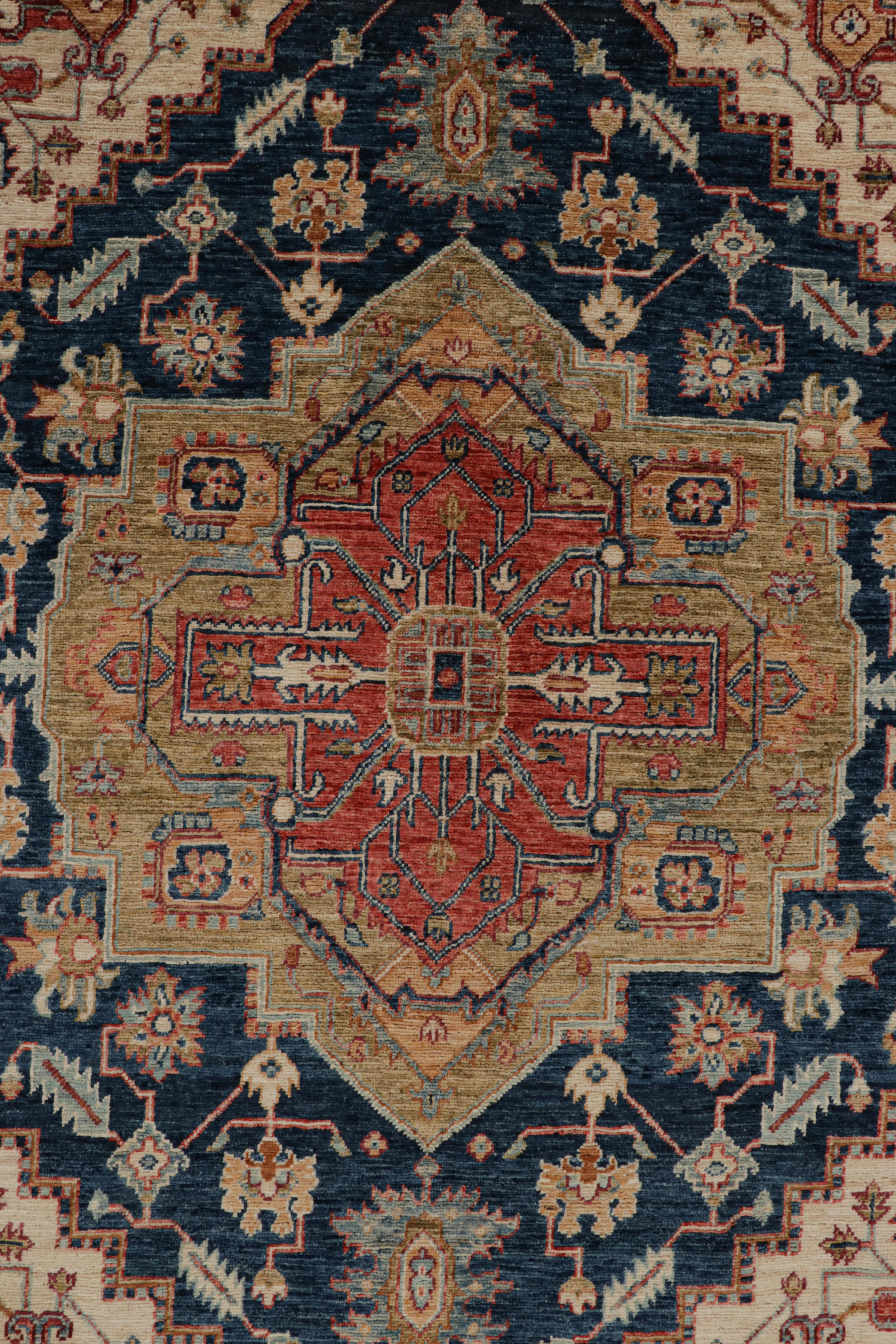 Rug & Kilim’s Serapi style rug in Blue with Beige and Red Rosette Medallion In New Condition In Long Island City, NY