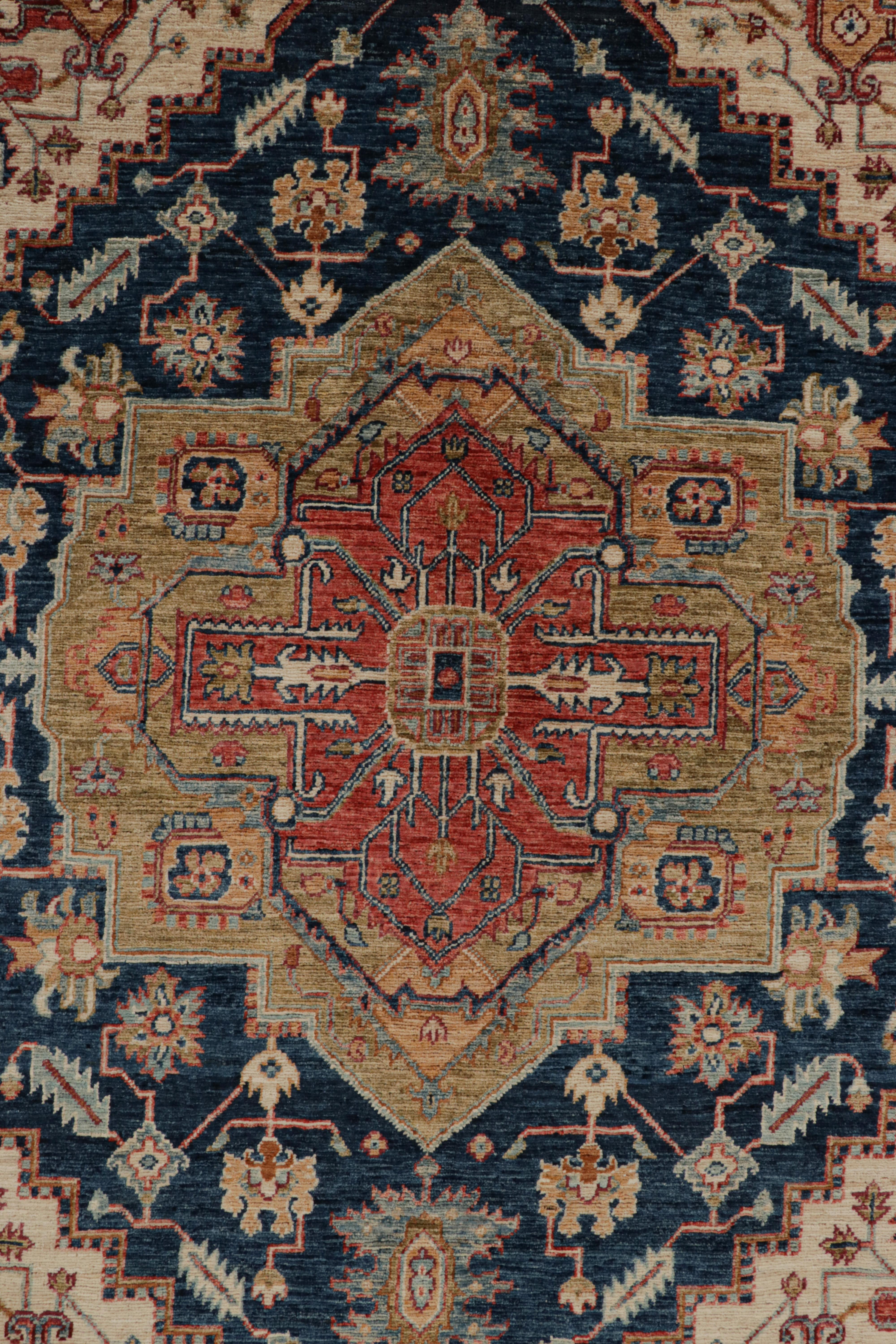 Contemporary Rug & Kilim’s Serapi style rug in Blue with Beige and Red Rosette Medallion  For Sale