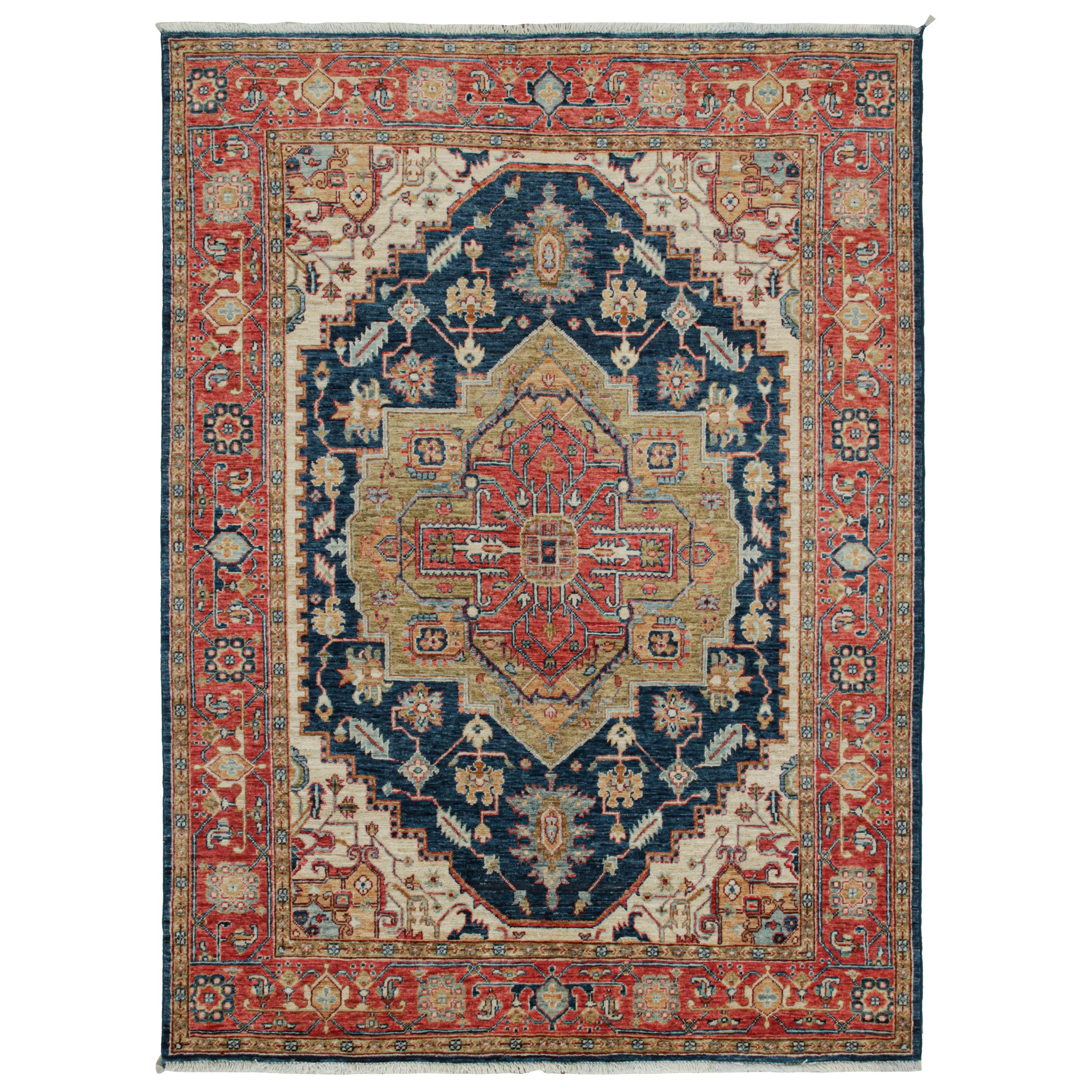 Rug & Kilim’s Serapi style rug in Blue with Beige and Red Rosette Medallion  For Sale