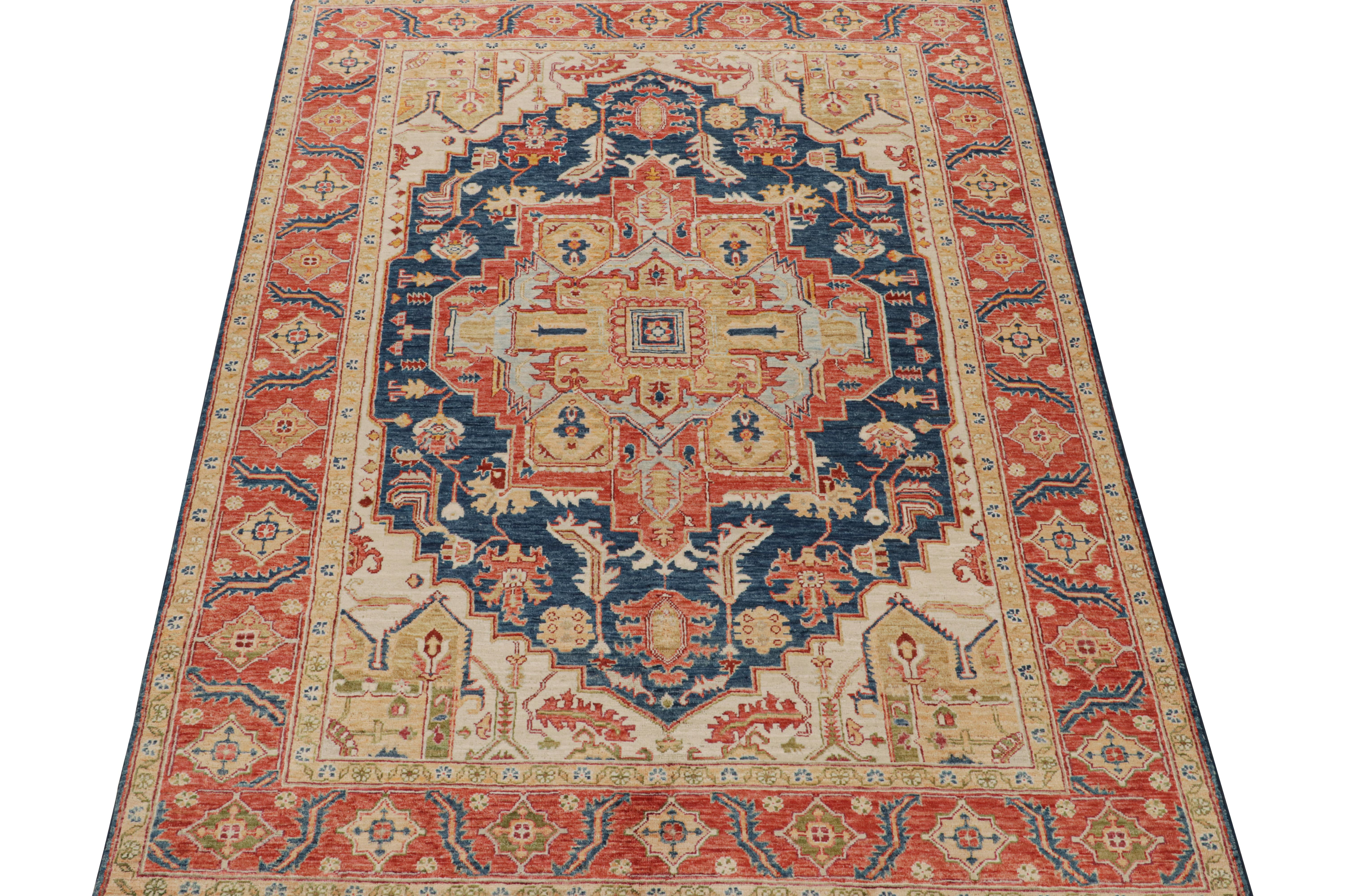Tribal Rug & Kilim’s Serapi style rug in Navy Blue with Gold and Red Medallion For Sale