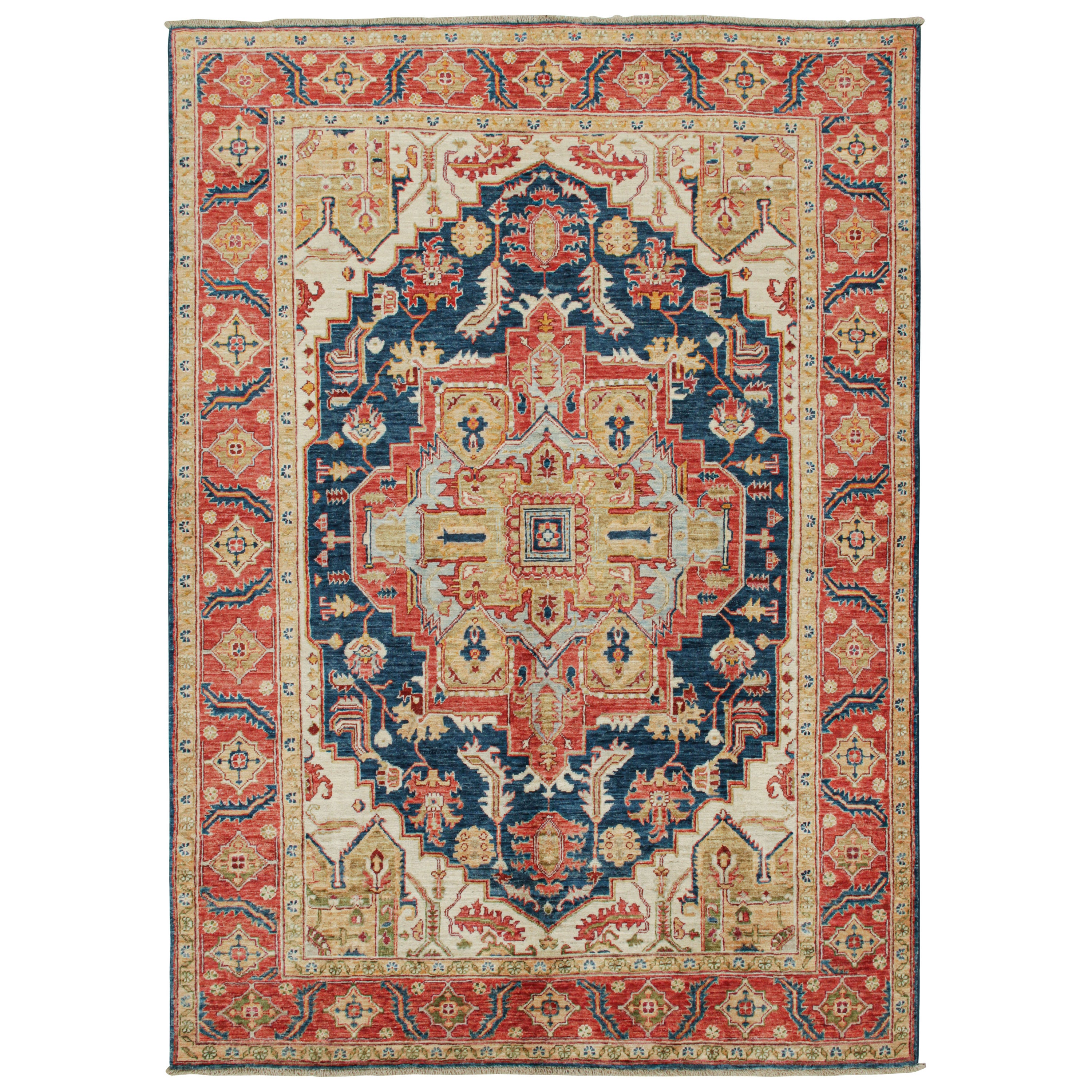 Rug & Kilim’s Serapi style rug in Navy Blue with Gold and Red Medallion For Sale