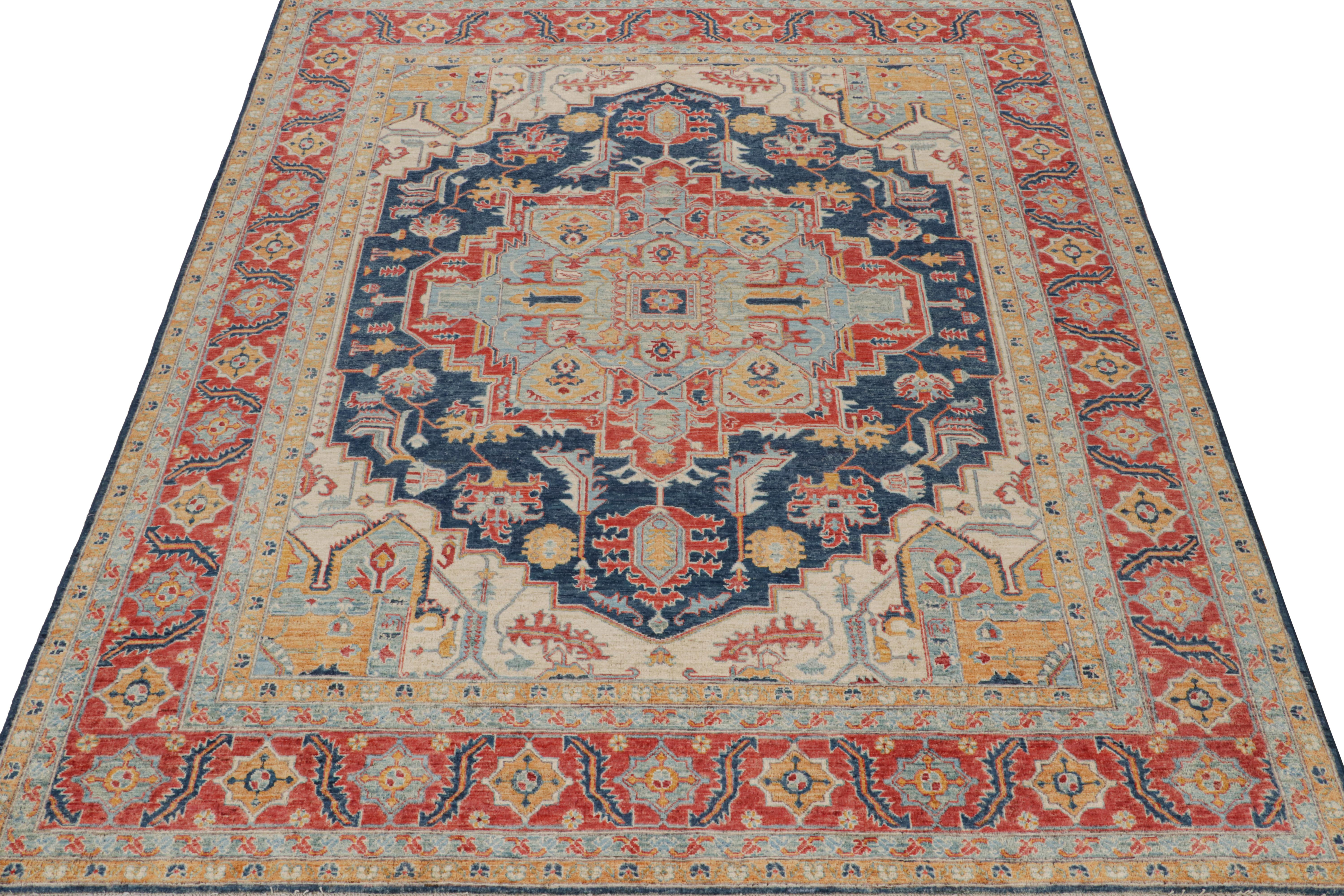 Afghan Rug & Kilim’s Serapi Style rug in Red, Blue & Gold with Medallion Pattern For Sale