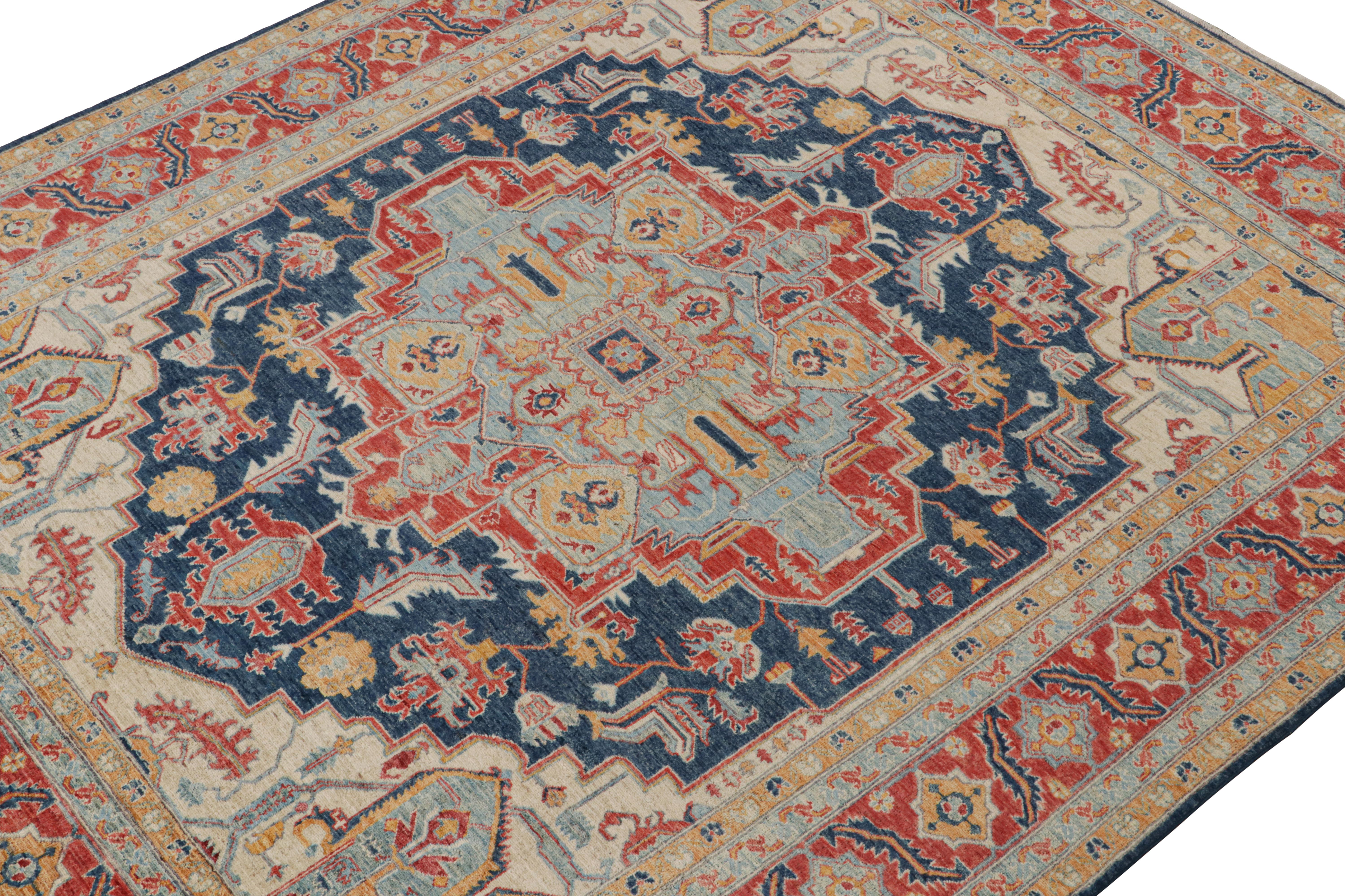 Hand-Knotted Rug & Kilim’s Serapi Style rug in Red, Blue & Gold with Medallion Pattern For Sale