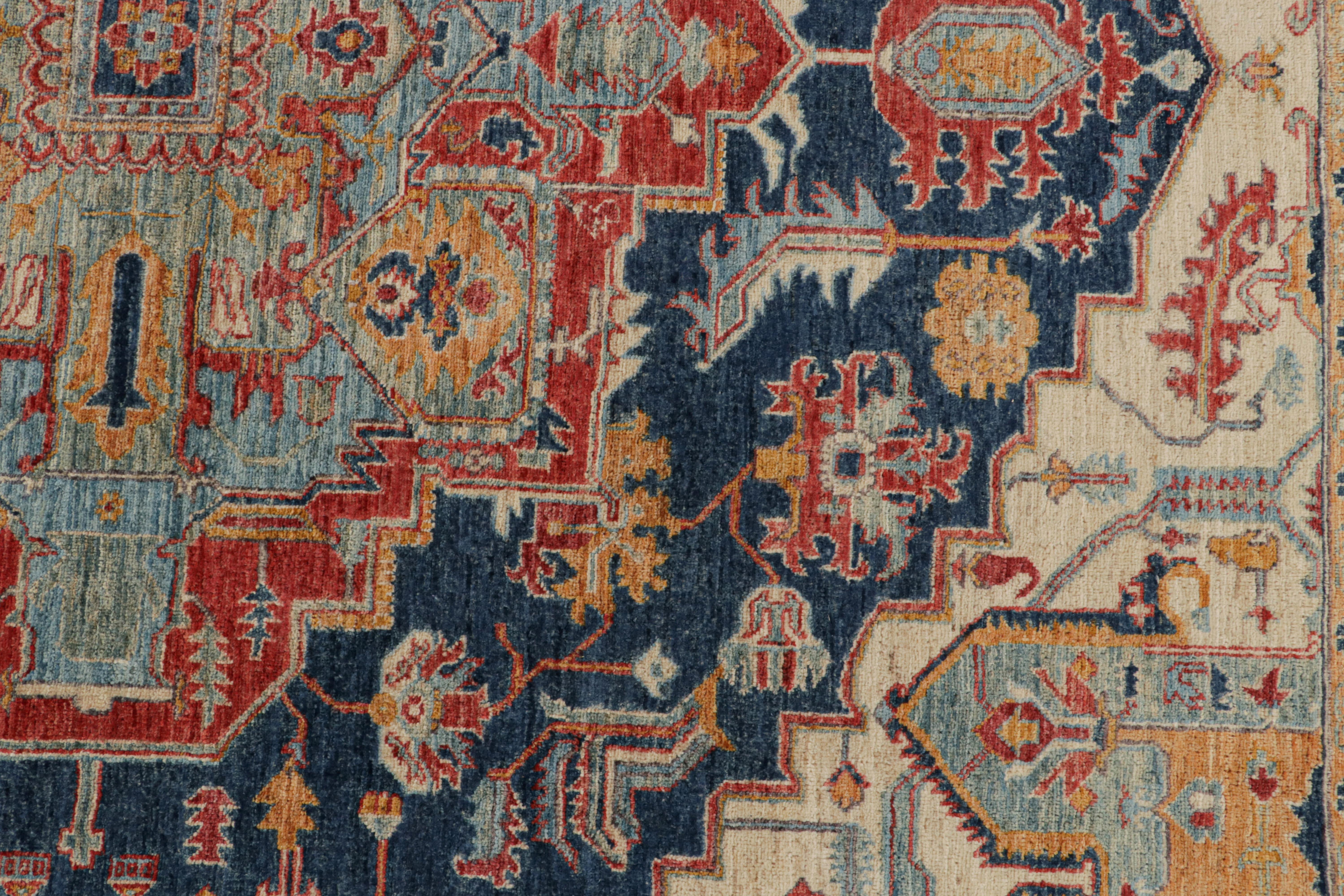 Contemporary Rug & Kilim’s Serapi Style rug in Red, Blue & Gold with Medallion Pattern For Sale