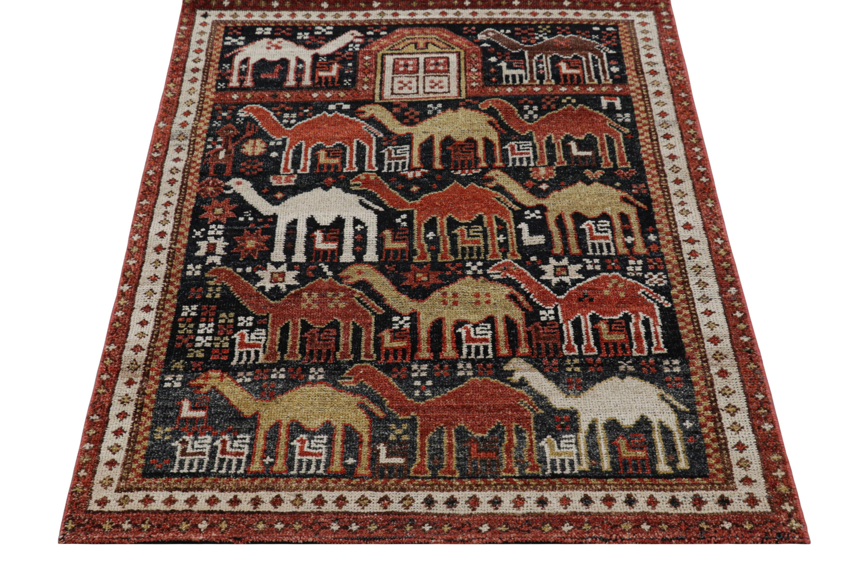 Indian Rug & Kilim’s Shirvan Style Rug in Black with Colorful Camel Pictorials For Sale