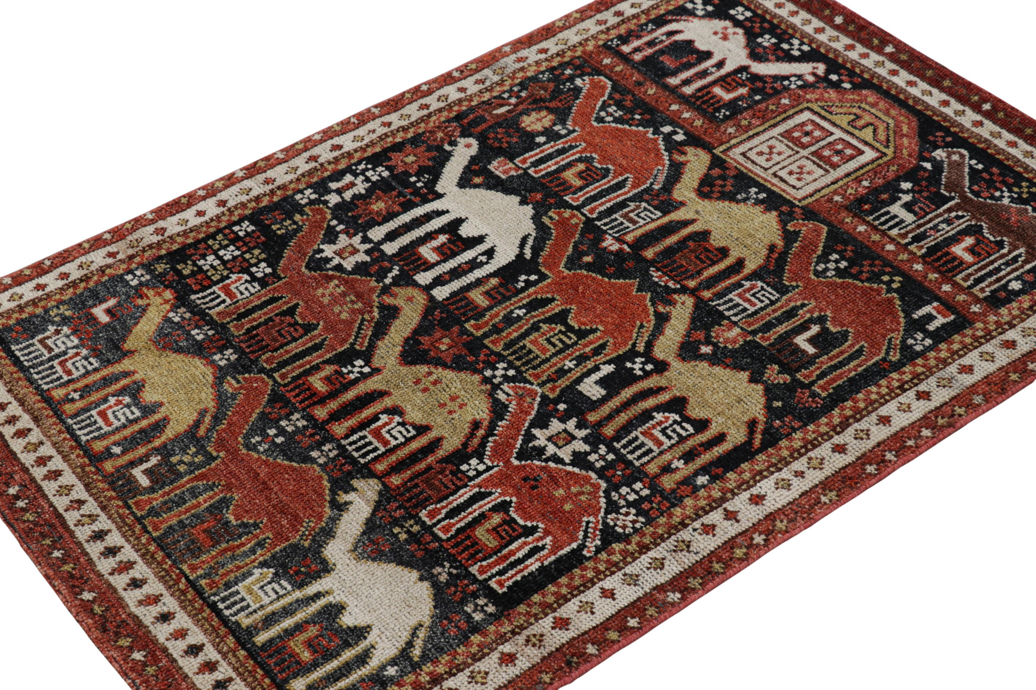 Hand-Knotted Rug & Kilim’s Shirvan Style Rug in Black with Colorful Camel Pictorials For Sale