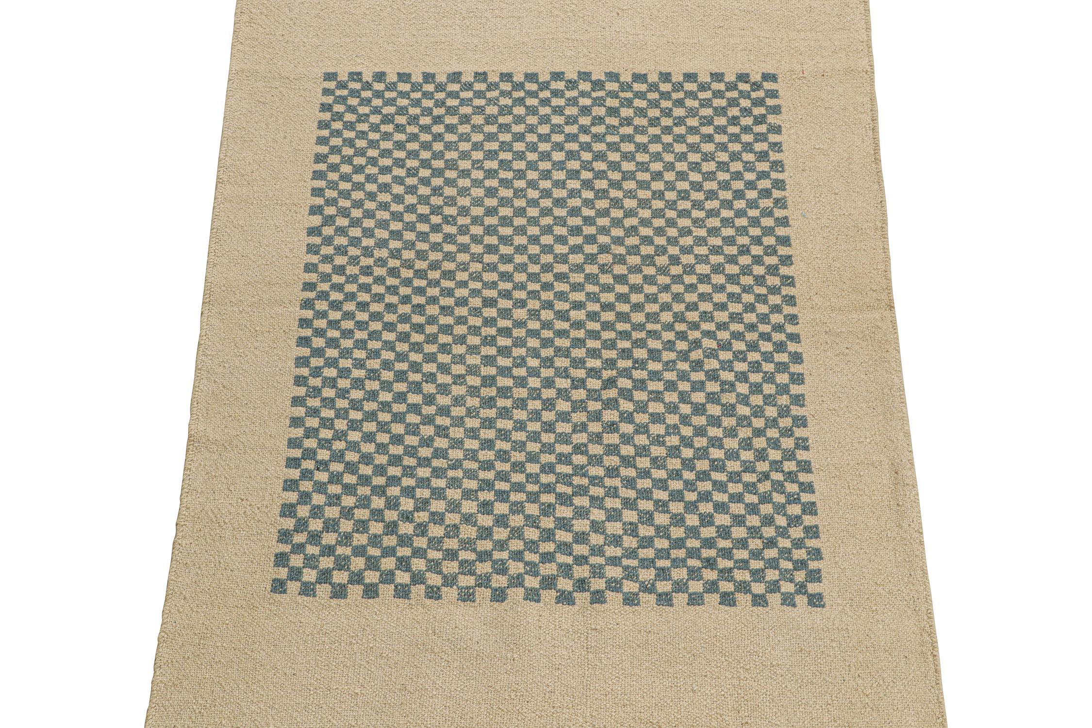 This contemporary 3x4 Persian kilim is an exciting new addition to Rug & Kilim’s flat weave designs. Handwoven in wool, its design is inspired by antique Persian Sofreh Kilims—a well-known tribal rug style with rich history. 

This particular rug