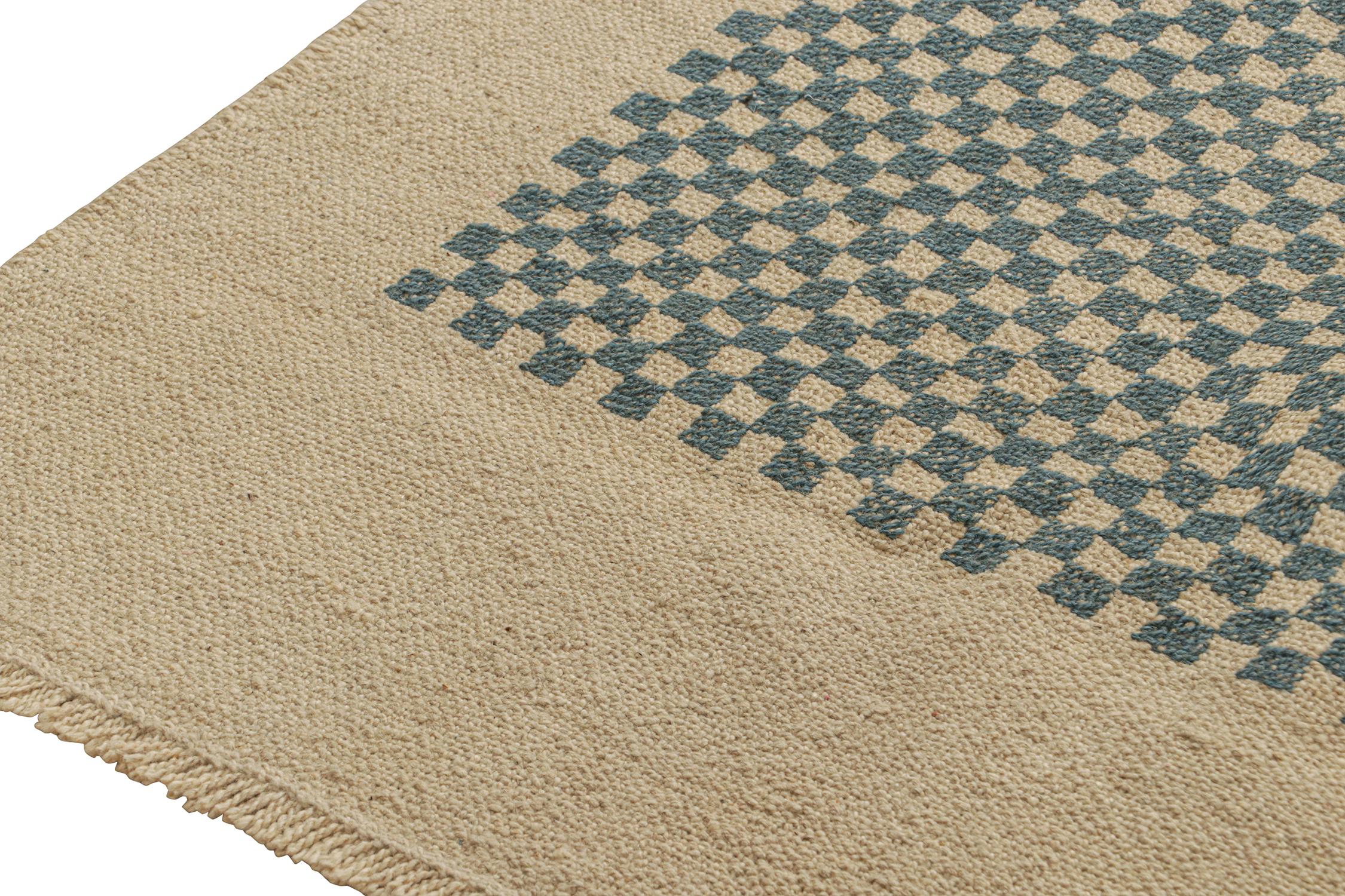 Indian Rug & Kilim’s Sofreh-Style Persian Kilim in Beige with Blue Checkerboard Pattern For Sale