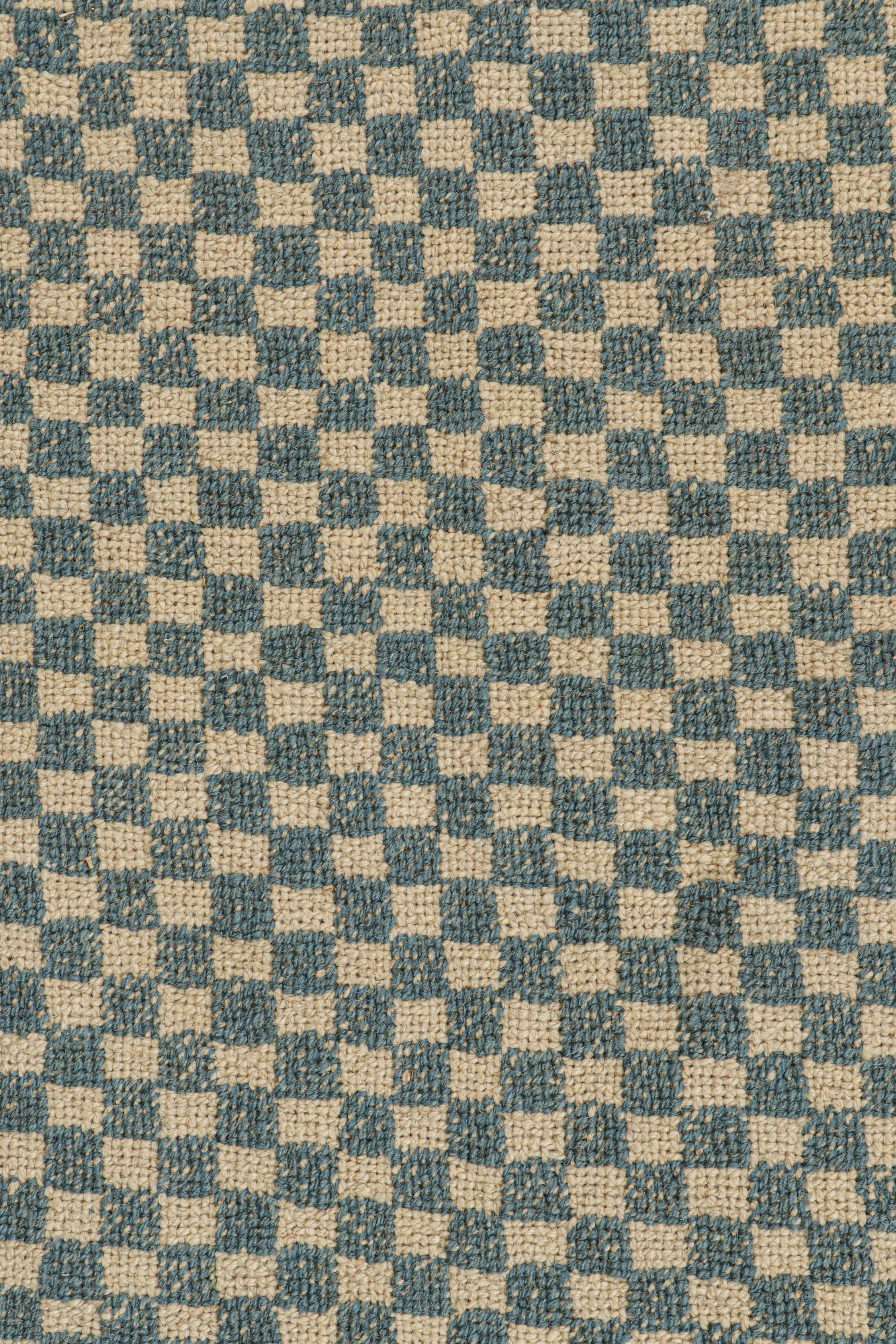 Hand-Knotted Rug & Kilim’s Sofreh-Style Persian Kilim in Beige with Blue Checkerboard Pattern For Sale
