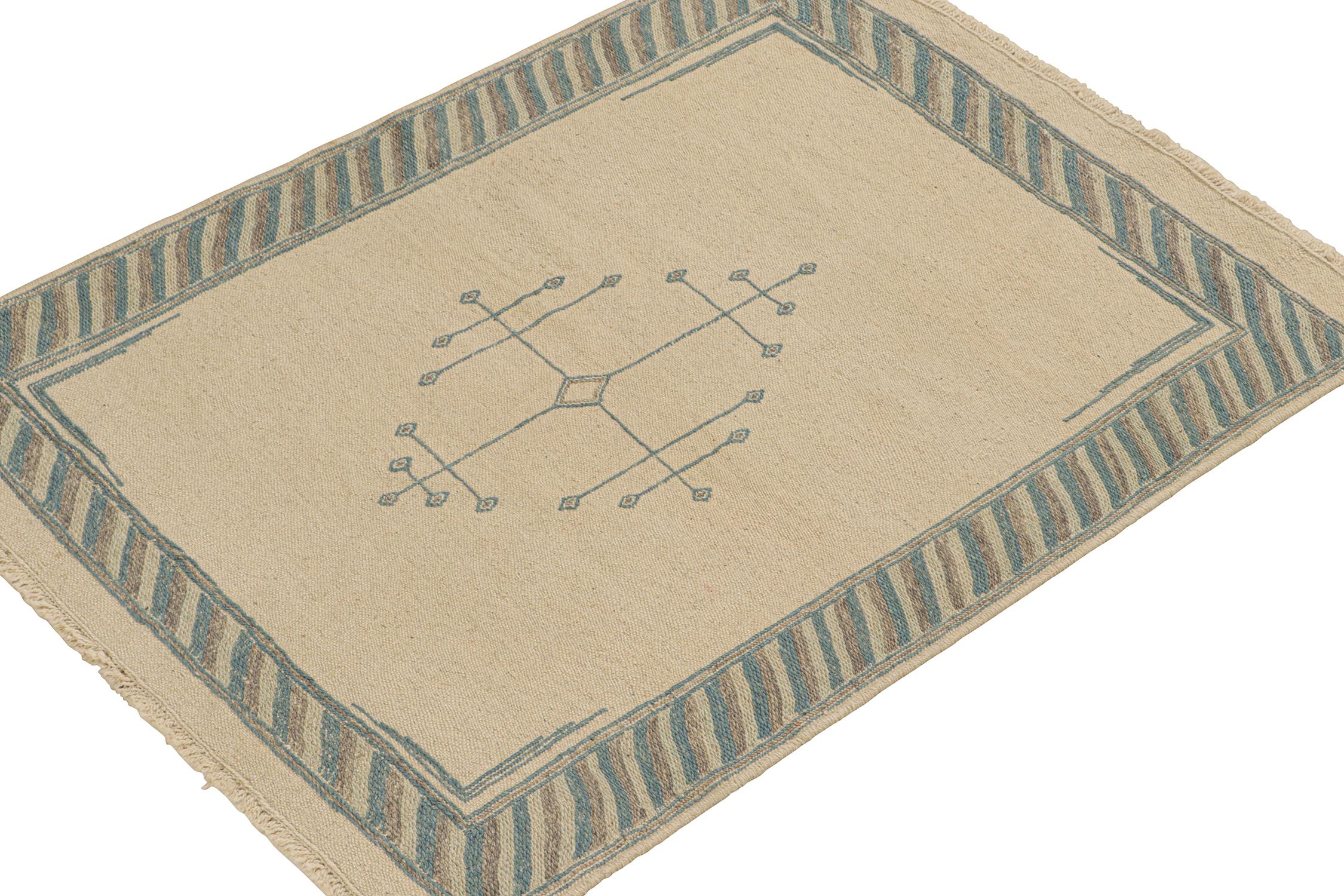Tribal Rug & Kilim’s Sofreh-Style Persian Kilim in Beige with Blue Medallion For Sale