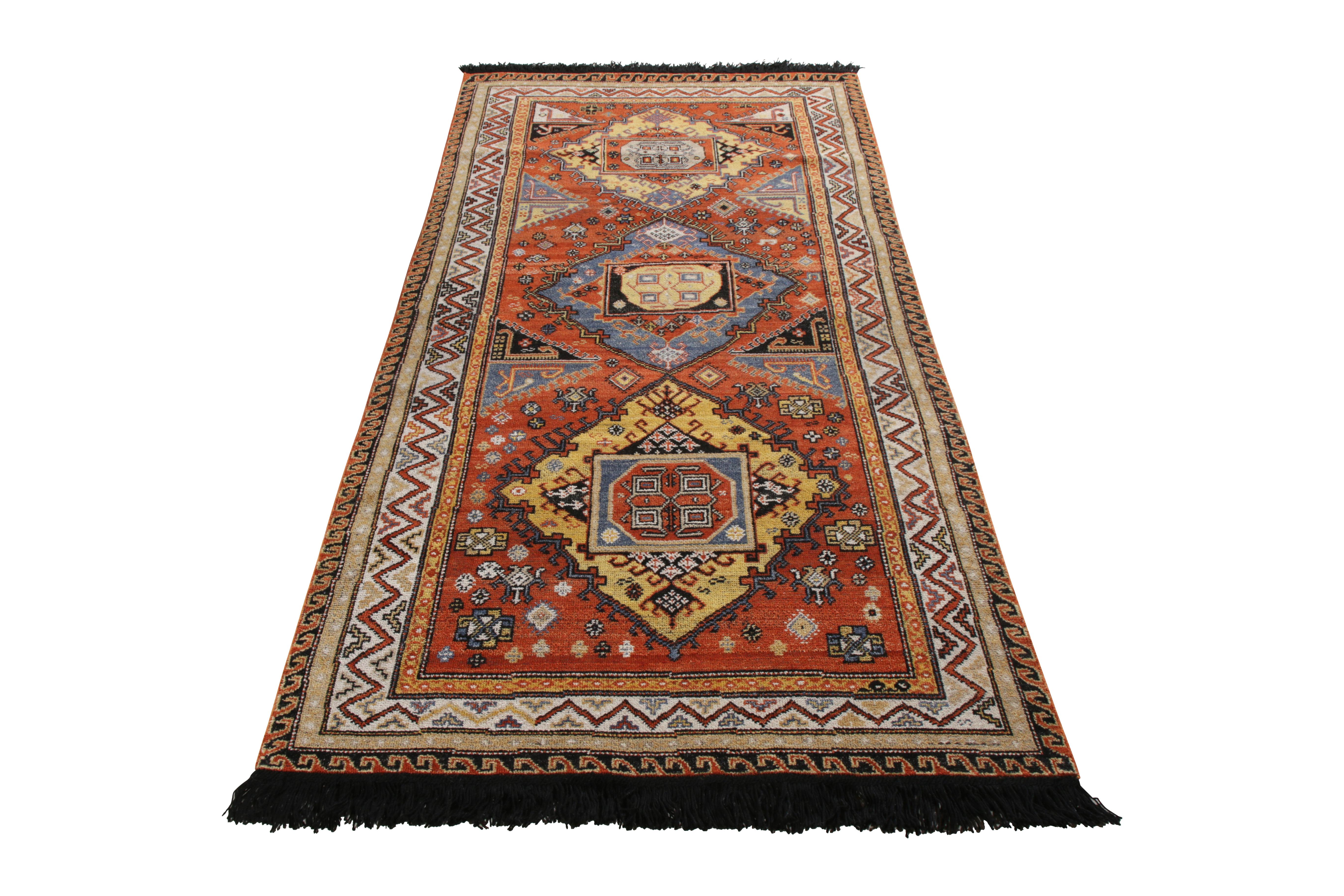 A 4x8 ode to celebrated Soumak rug styles in hand-knotted wool, from Rug & Kilim’s Burano Collection. 
Enjoying warm orange and light gold hues prevailing in tribal medallion patterns, sitting beautifully in near-runner length, well suited to