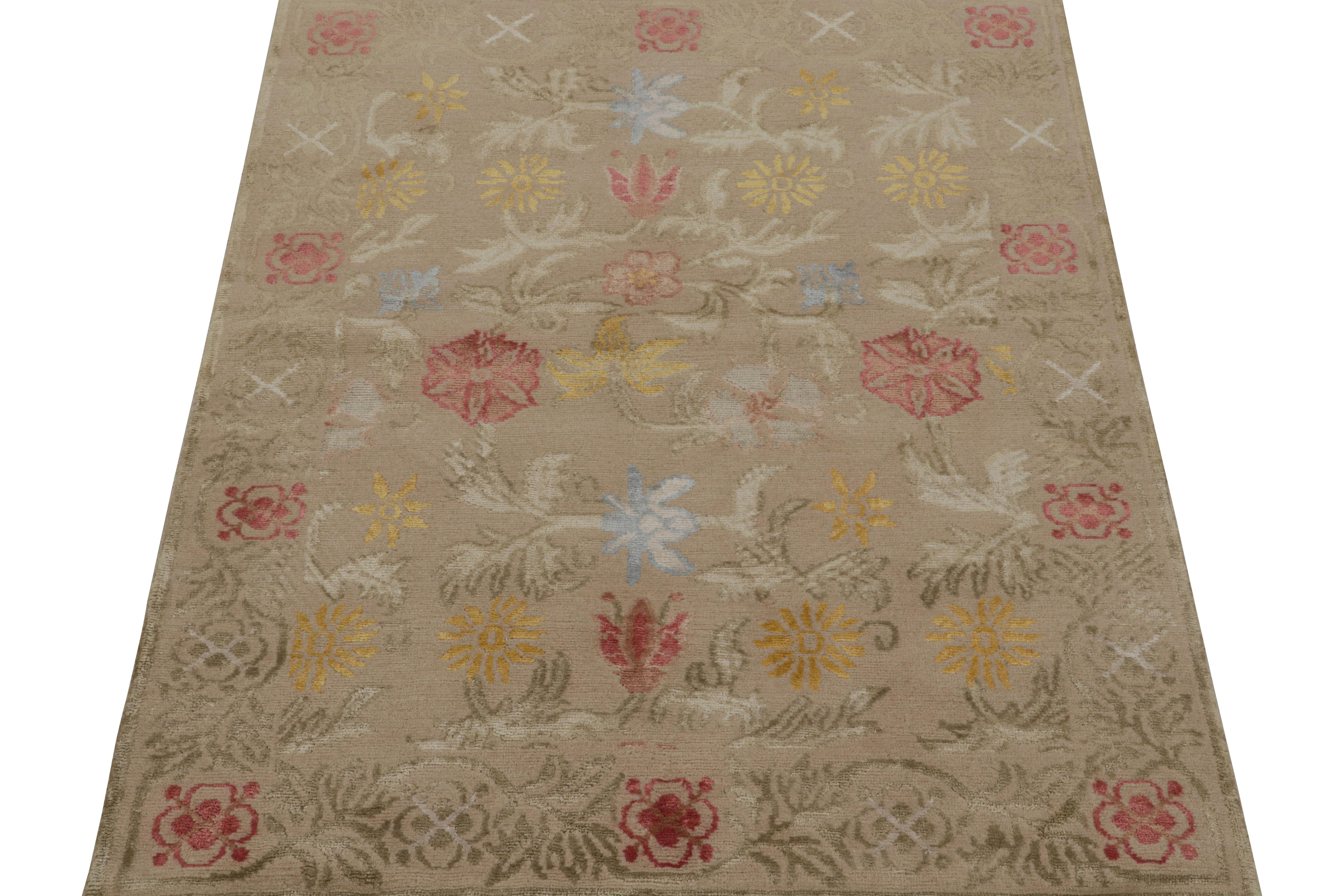 Moderne Rug & Kilim's Spanish European Style Rug in Beige with Floral Patterns 