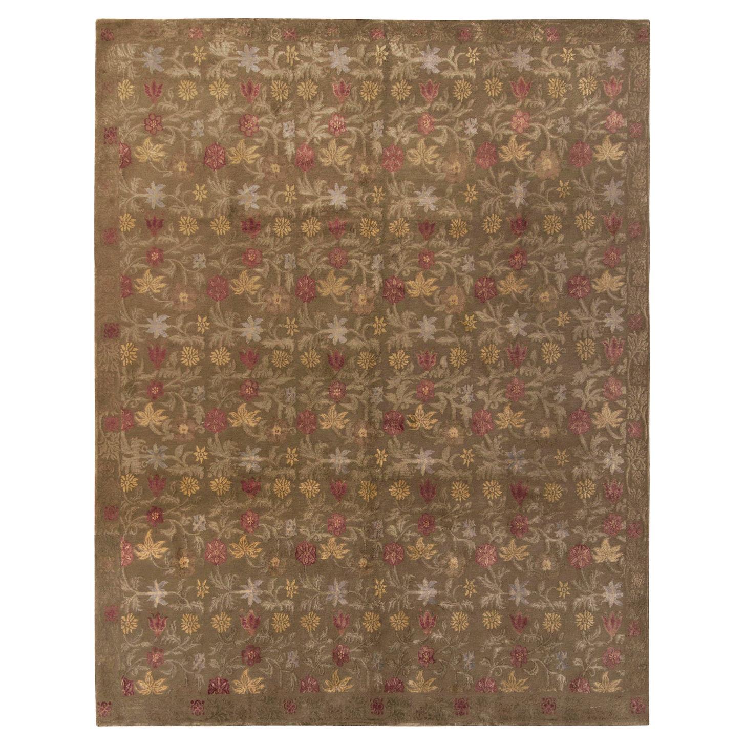 Rug & Kilim's Spanish European Style Rug in Brown, Red and Gold Floral Pattern For Sale
