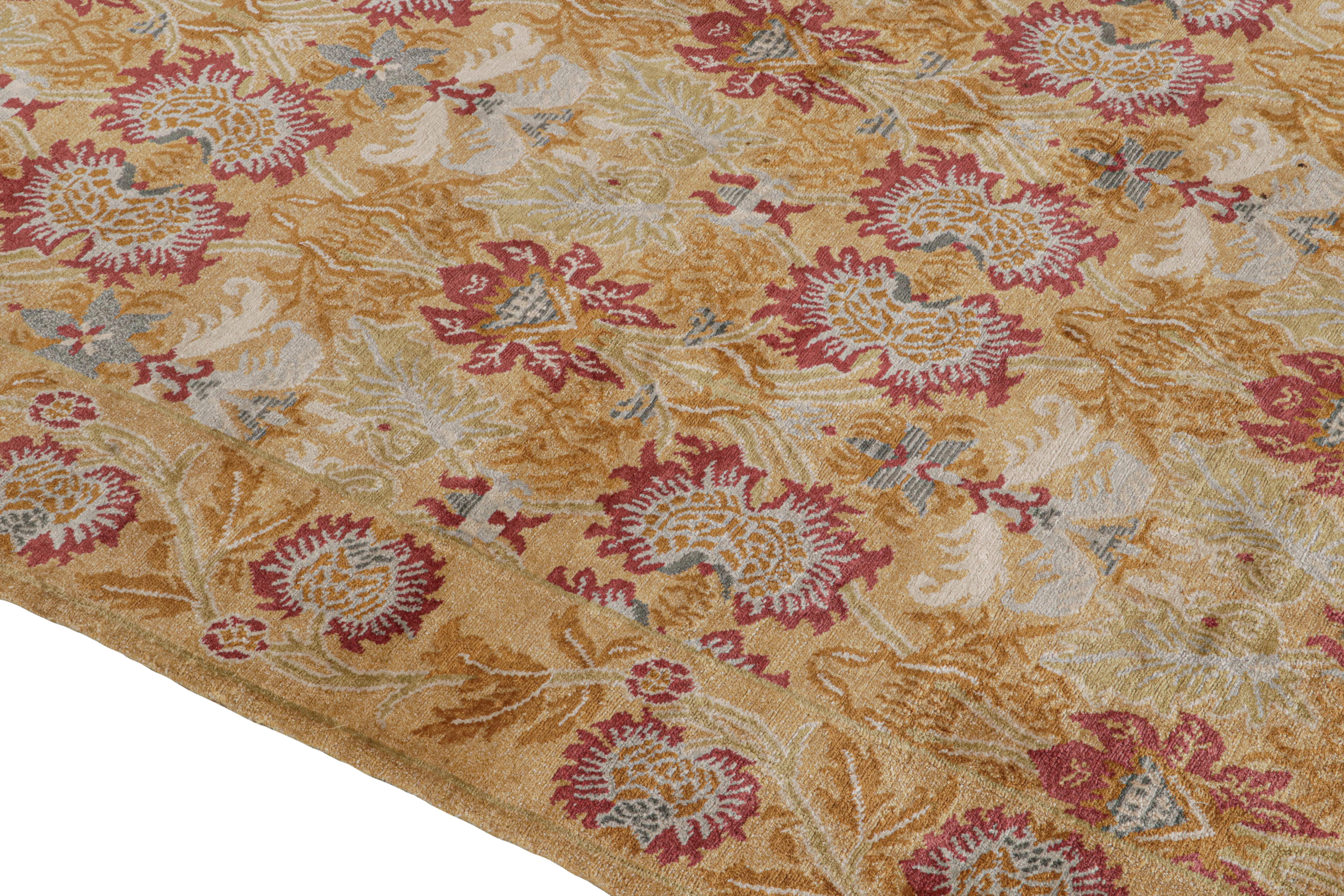 Arts and Crafts Rug & Kilim’s Spanish European Style Rug in Gold & Red Floral Pattern For Sale