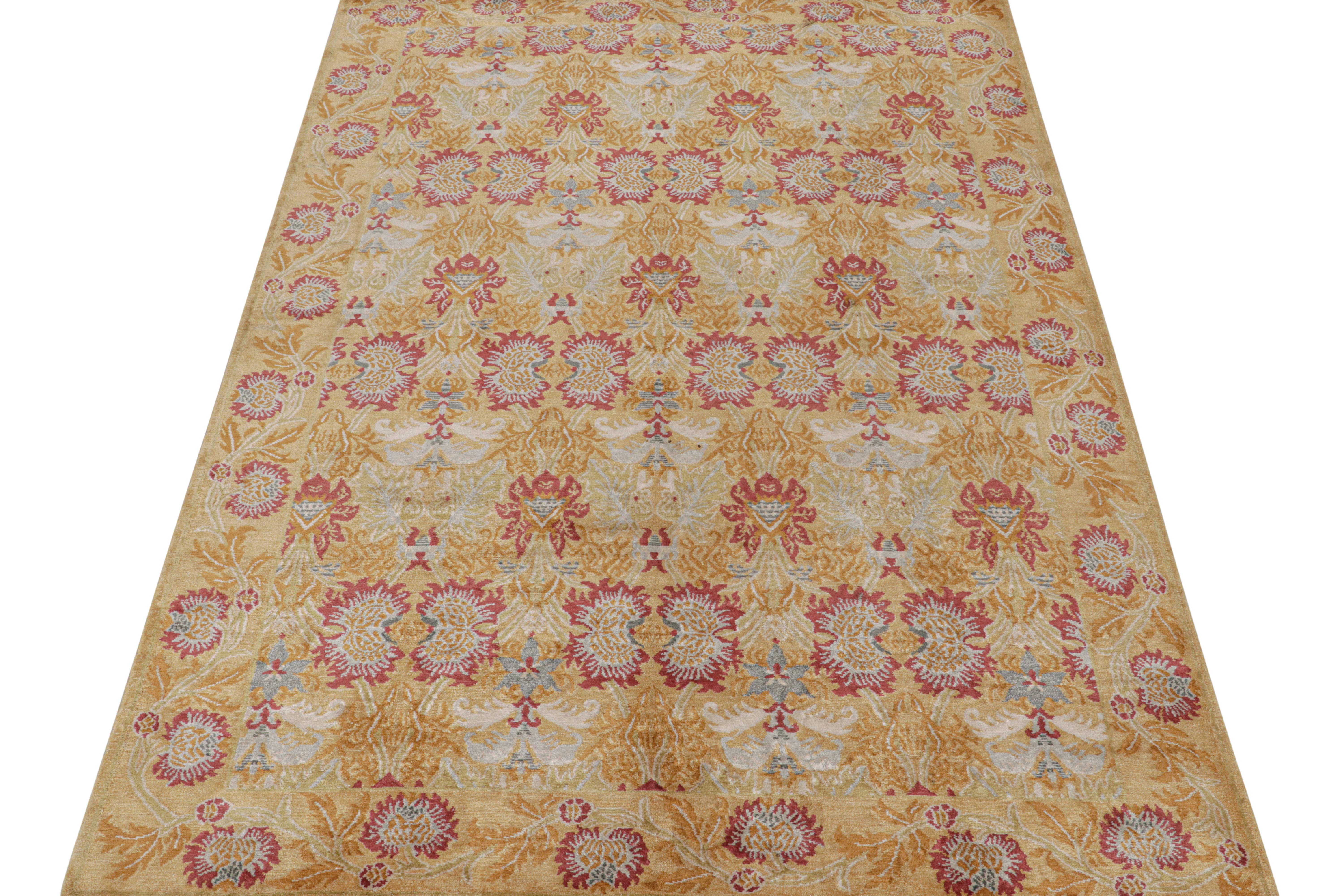 Hand-Knotted Rug & Kilim’s Spanish European Style Rug in Gold & Red Floral Pattern For Sale
