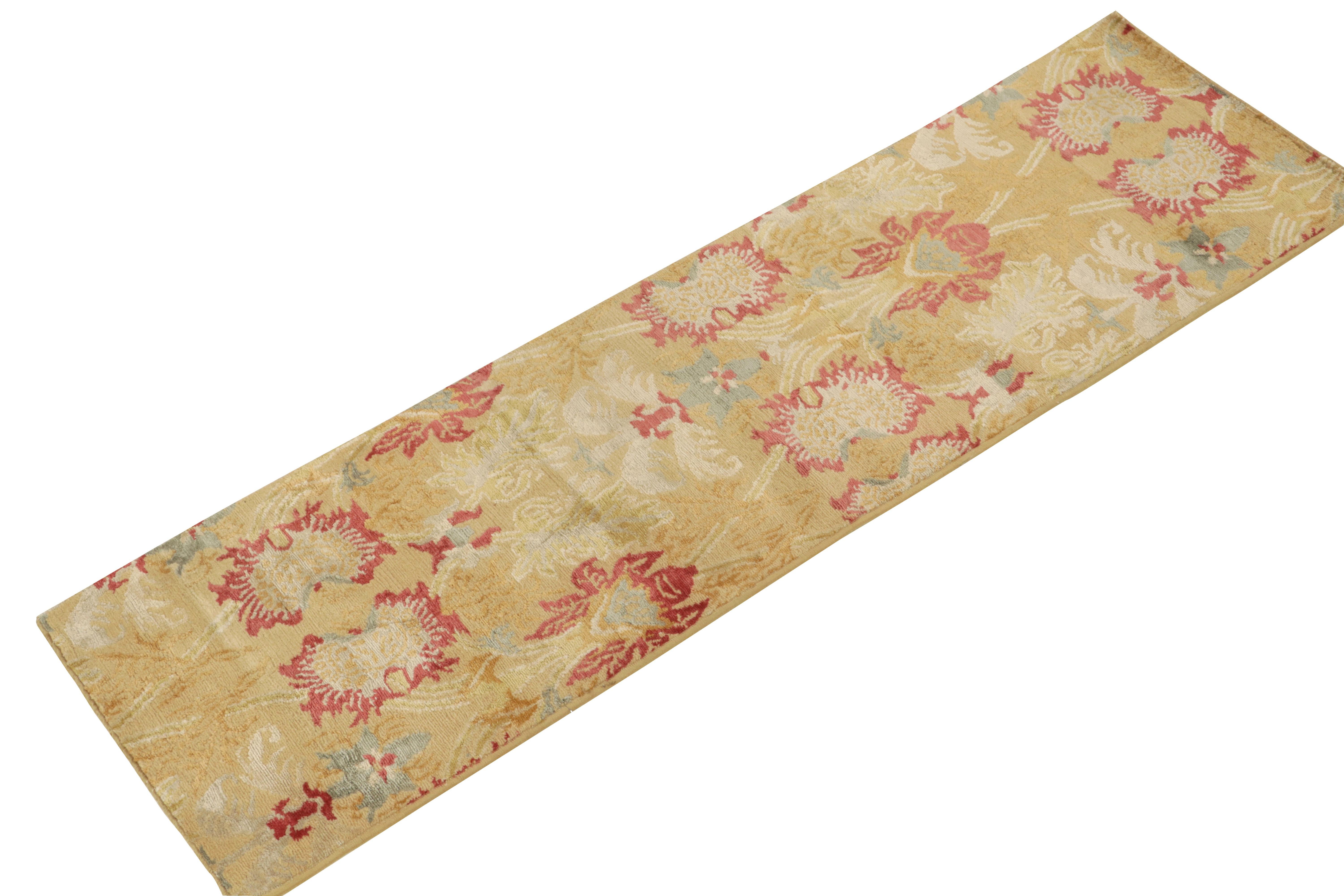 Modern Rug & Kilim's Spanish European Style Runner in Gold, Red & Blue Floral Pattern For Sale