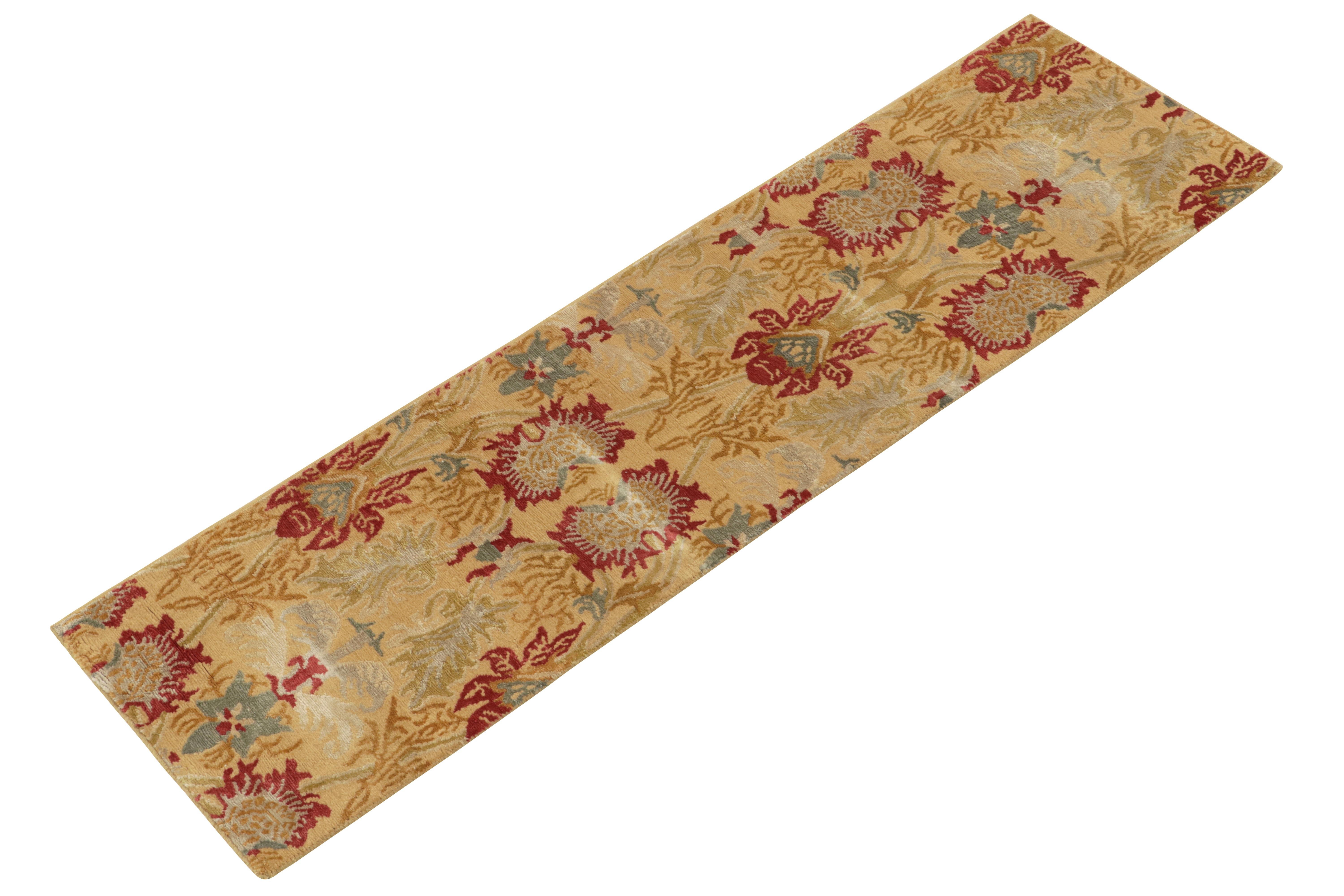 Nepalese Rug & Kilim's Spanish European Style Runner in Gold, Red & Blue Floral Pattern For Sale
