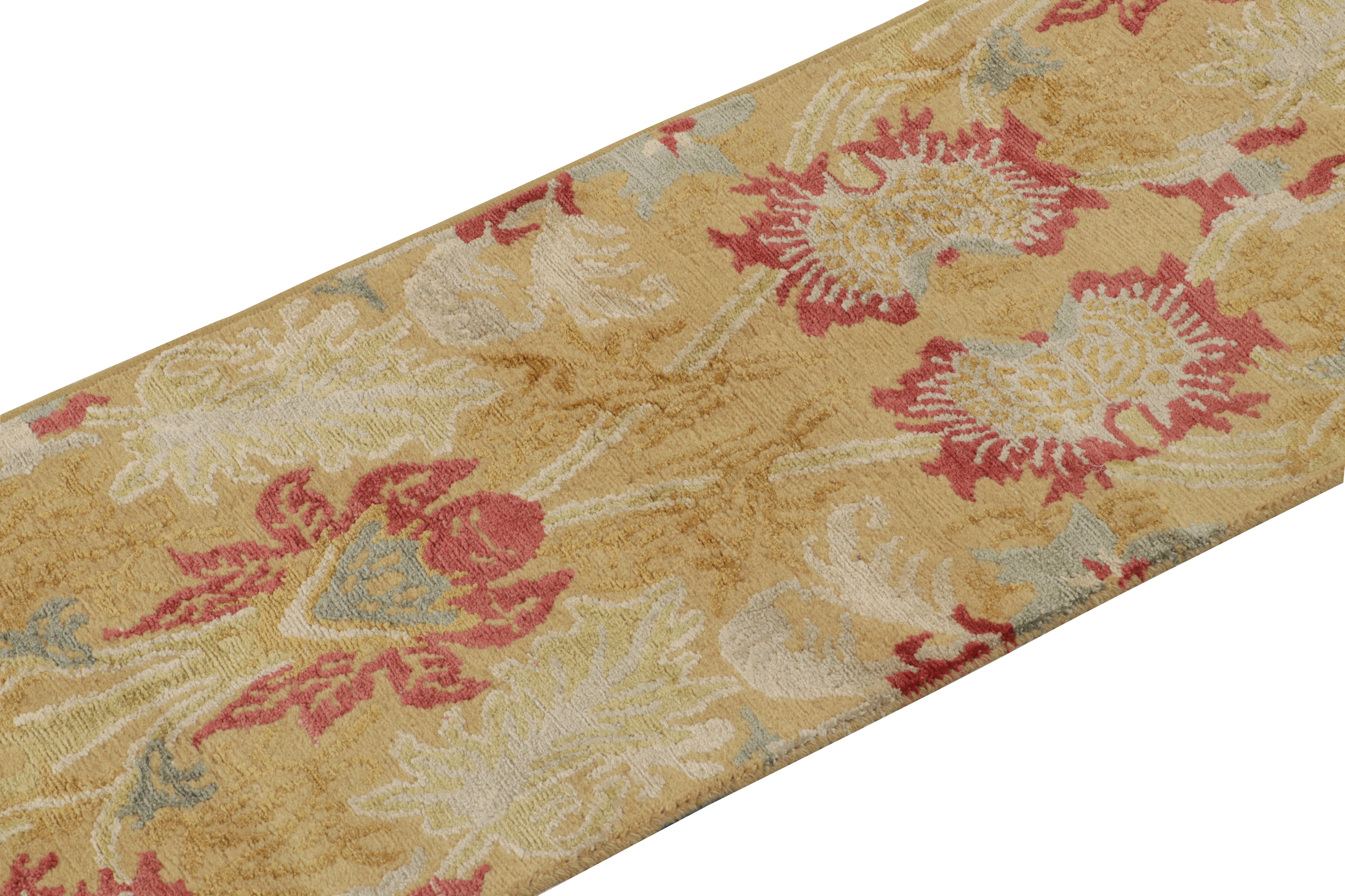 Nepalese Rug & Kilim's Spanish European Style Runner in Gold, Red & Blue Floral Pattern For Sale