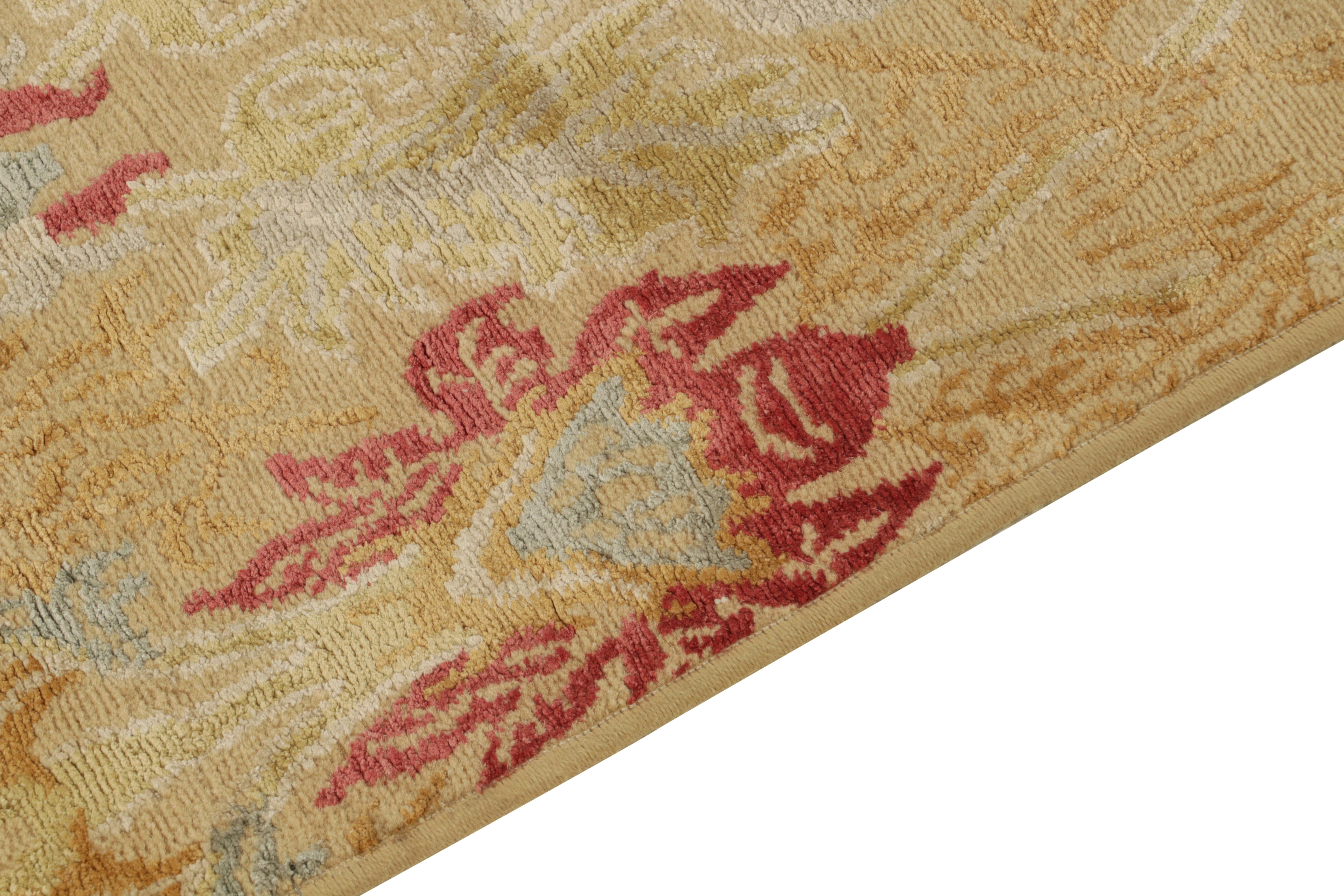 Traves de Mesa Estilo Español Europeo de Rug & Kilim en Patrón Floral Dorado, Rojo y Azul Anudado a mano en venta