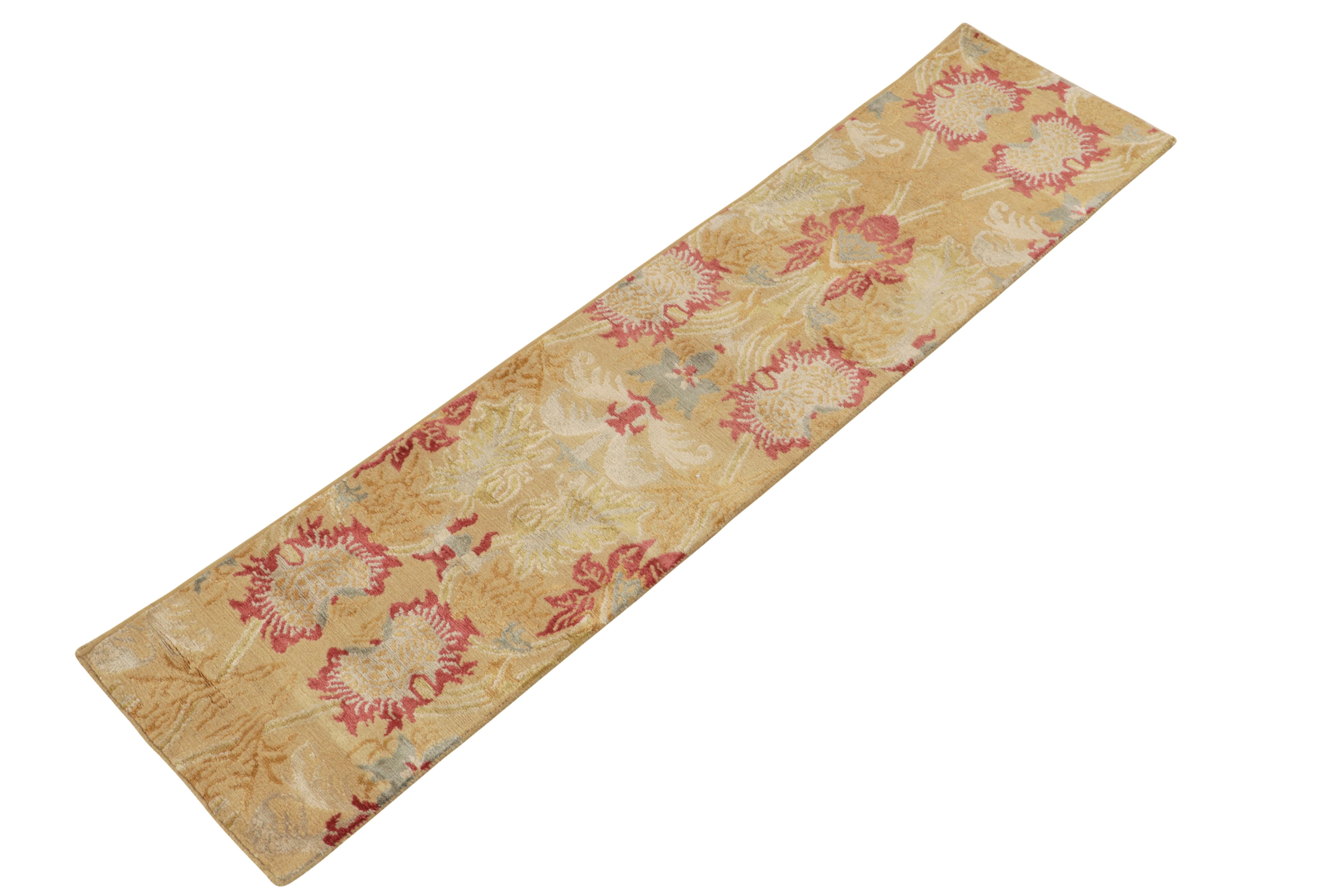Modern Rug & Kilim's Spanish European Style Runner in Gold, Red & Gray Floral Pattern For Sale