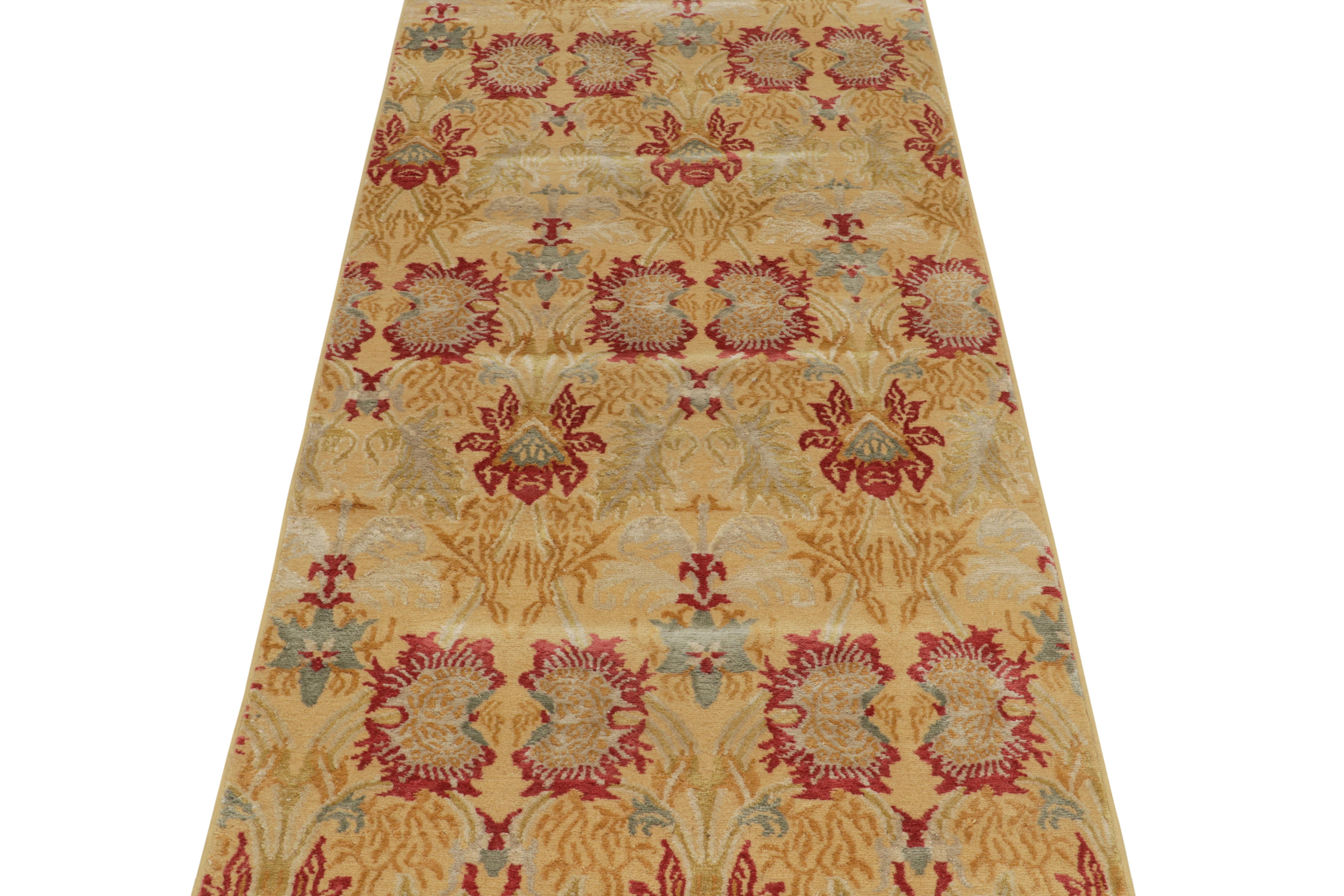 Nepalese Rug & Kilim's Spanish European Style Runner in Gold, Red & Gray Floral Pattern For Sale