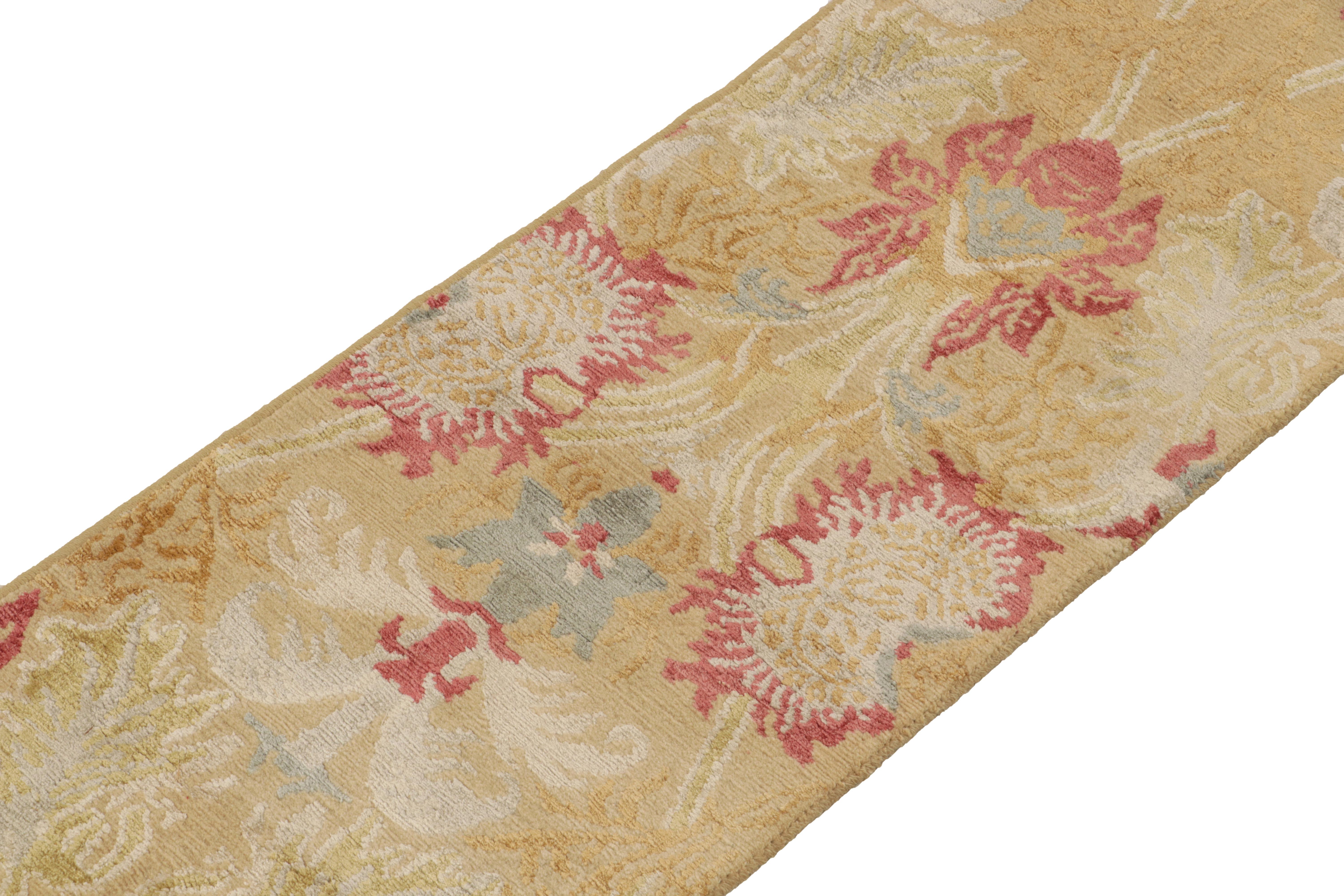Nepalese Rug & Kilim's Spanish European Style Runner in Gold, Red & Gray Floral Pattern For Sale