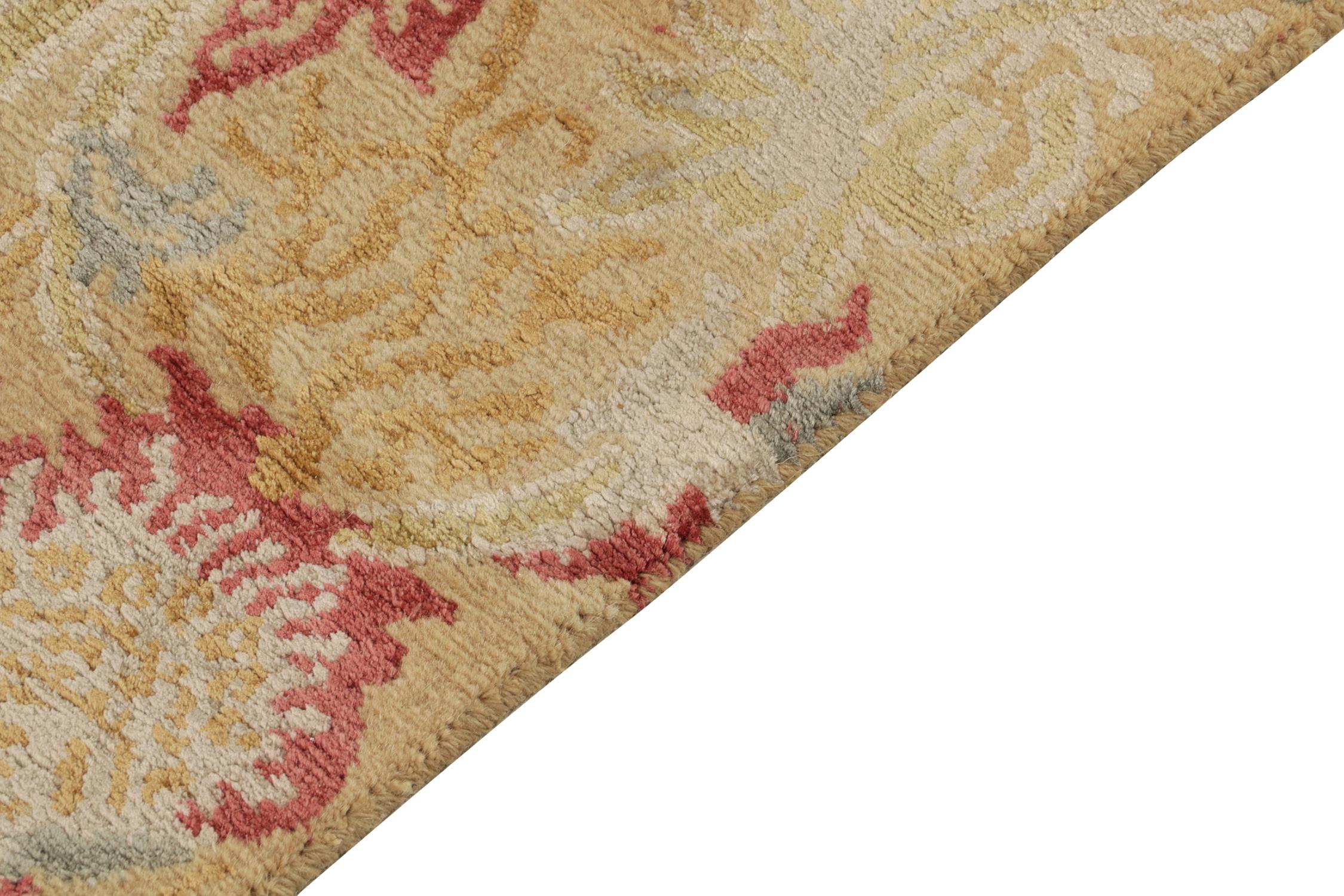 Hand-Knotted Rug & Kilim's Spanish European Style Runner in Gold, Red & Gray Floral Pattern For Sale