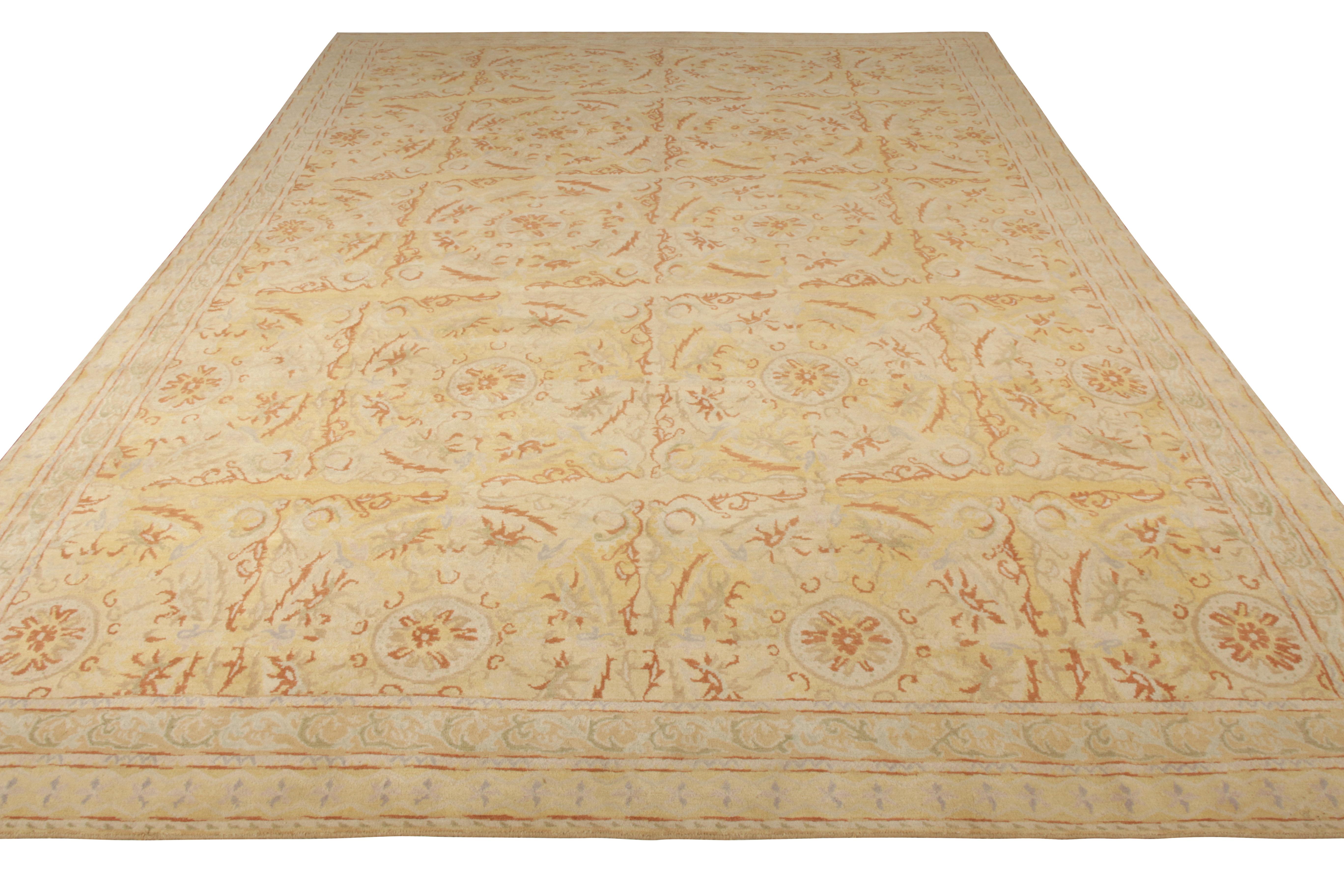  Inspired by Spanish design, Rug & Kilim presents this 10x14 piece from its European collection featuring floral patterns in repetition for a gorgeous sense of movement. The pattern relishes transitional aesthetics in warm beige & cream tones