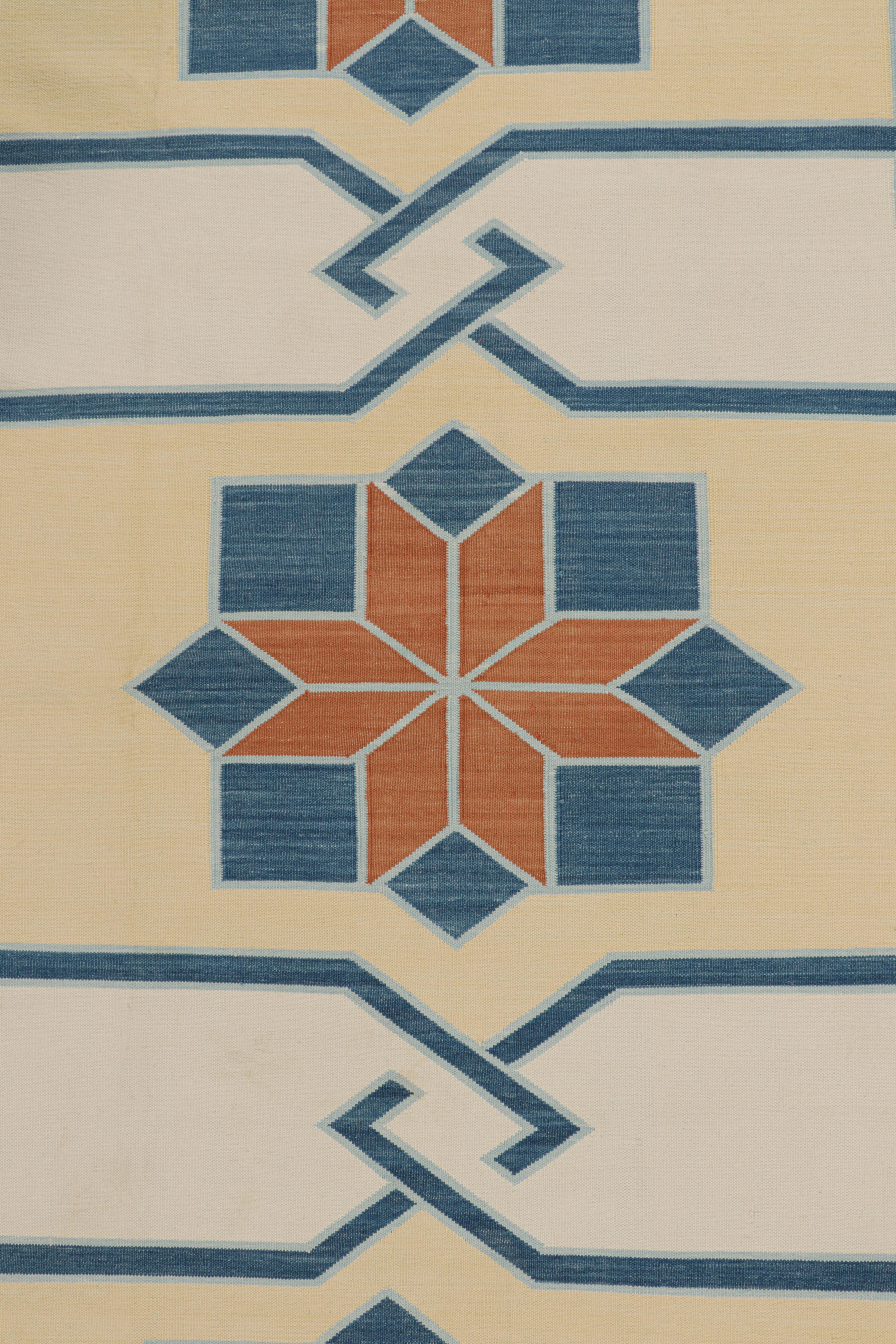 Indian Rug & Kilim’s Square Dhurrie Rug in Cream with Rust and Blue Medallions For Sale