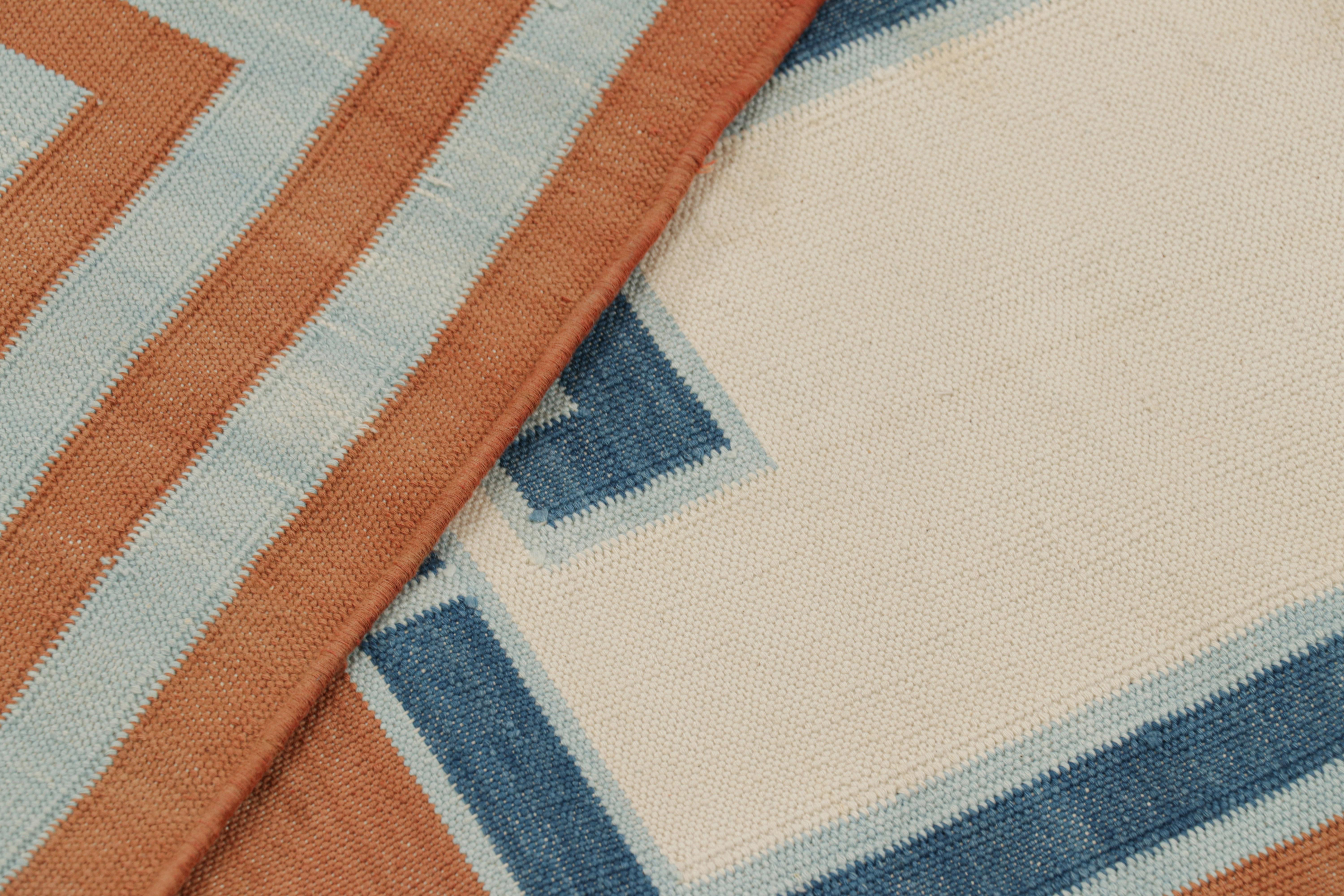 Wool Rug & Kilim’s Square Dhurrie Rug in Cream with Rust and Blue Medallions For Sale