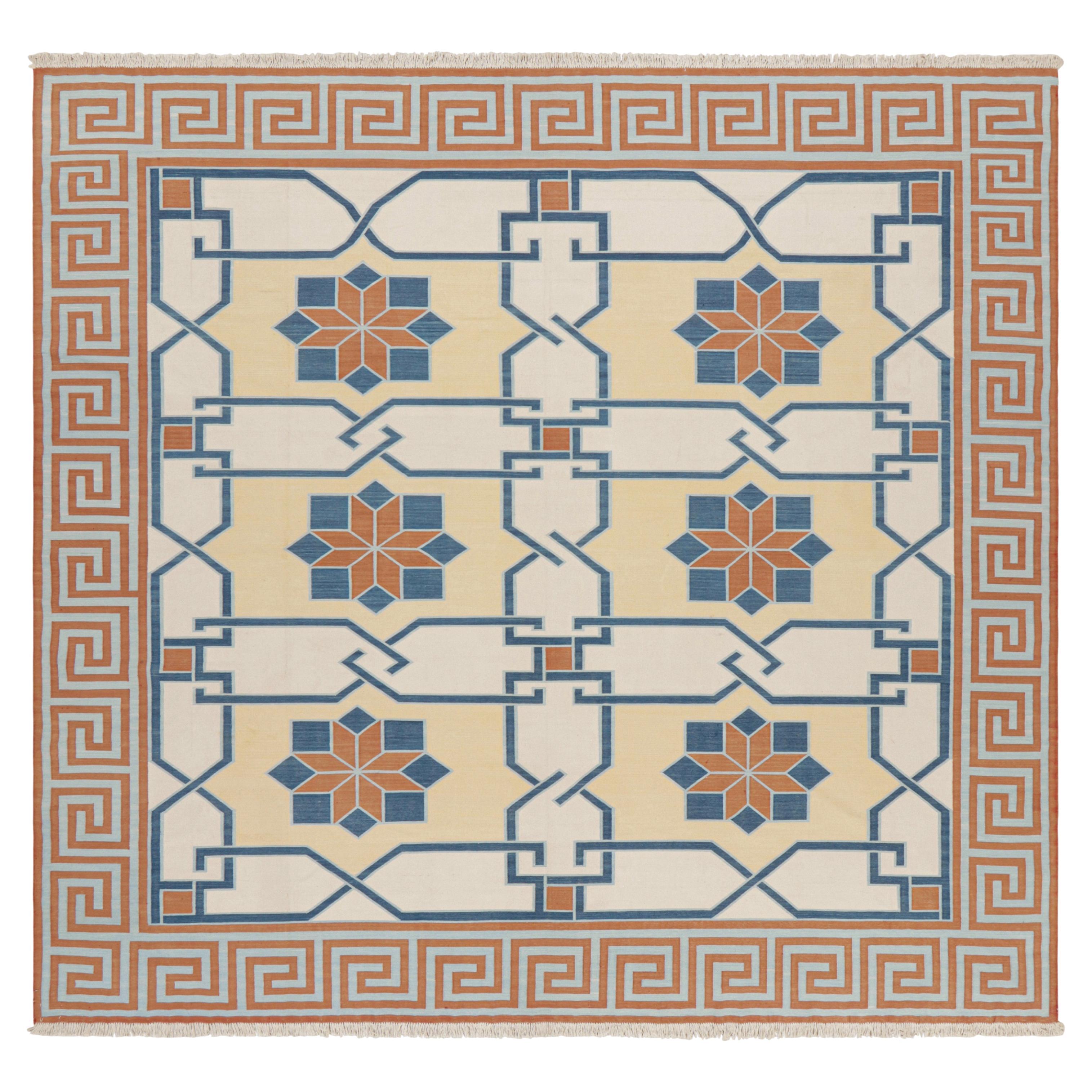 Rug & Kilim’s Square Dhurrie Rug in Cream with Rust and Blue Medallions For Sale