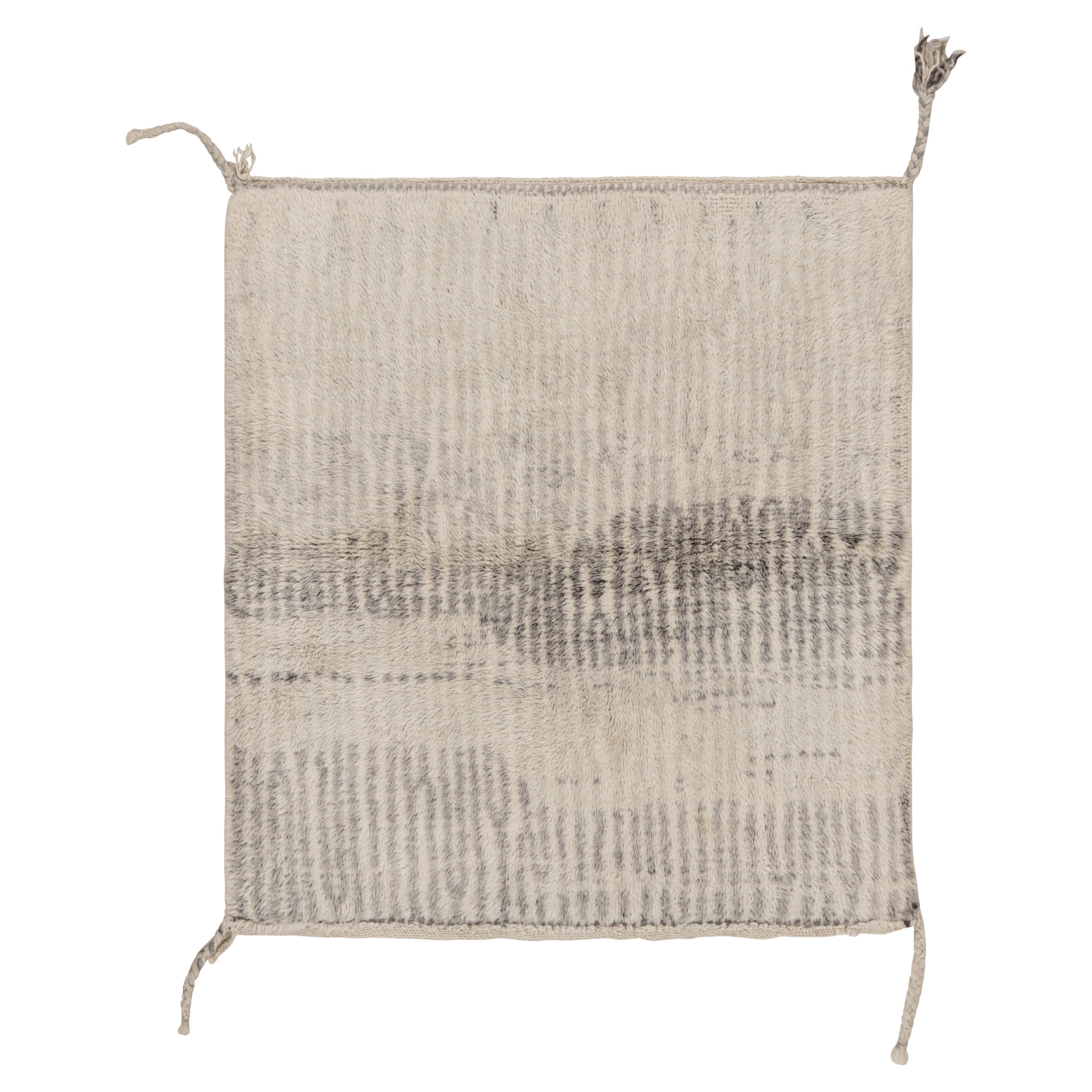 Rug & Kilim’s Square Moroccan Rug in Cream White and Gray Stripes and High Pile