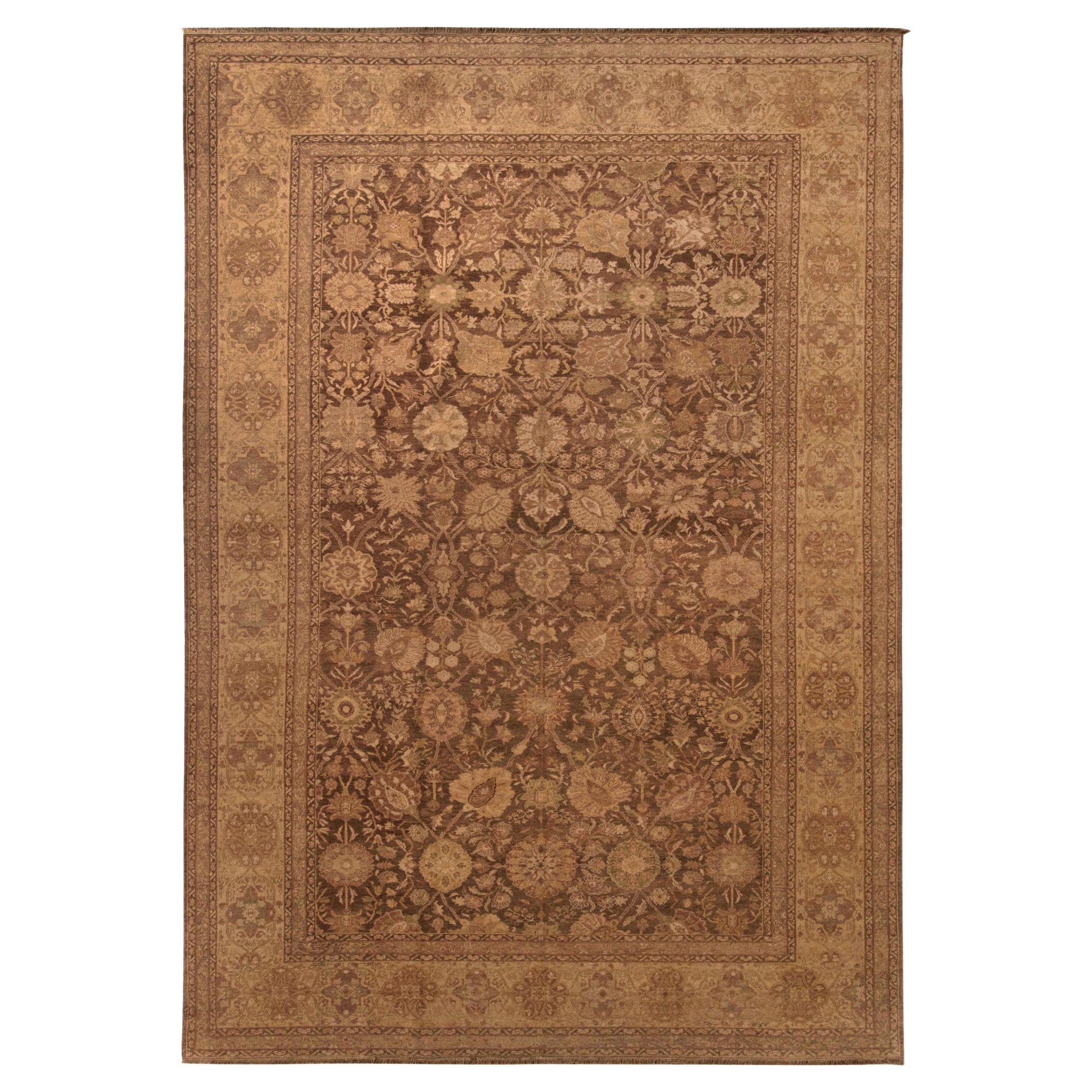 Rug & Kilim's Sultanabad Antique Style Rug in Brown, Golden Floral Pattern For Sale