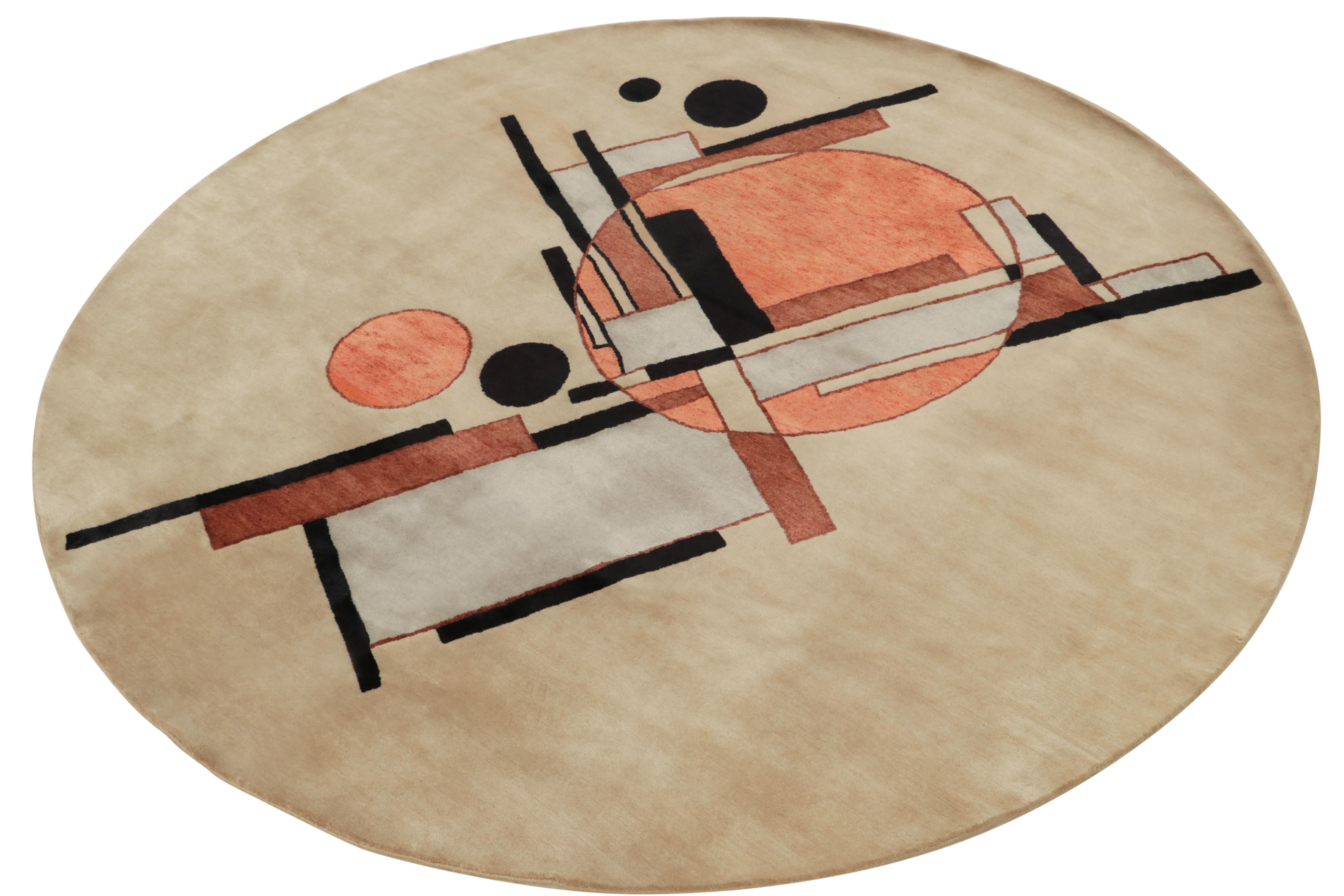 An 8’ contemporary piece from Rug & Kilim’s Deco Collection, inspired by the works of Kazimir Malevich in his suprematism style. The circle rug experiments with superimposition in high art given reverence in our new medium through exploring depth