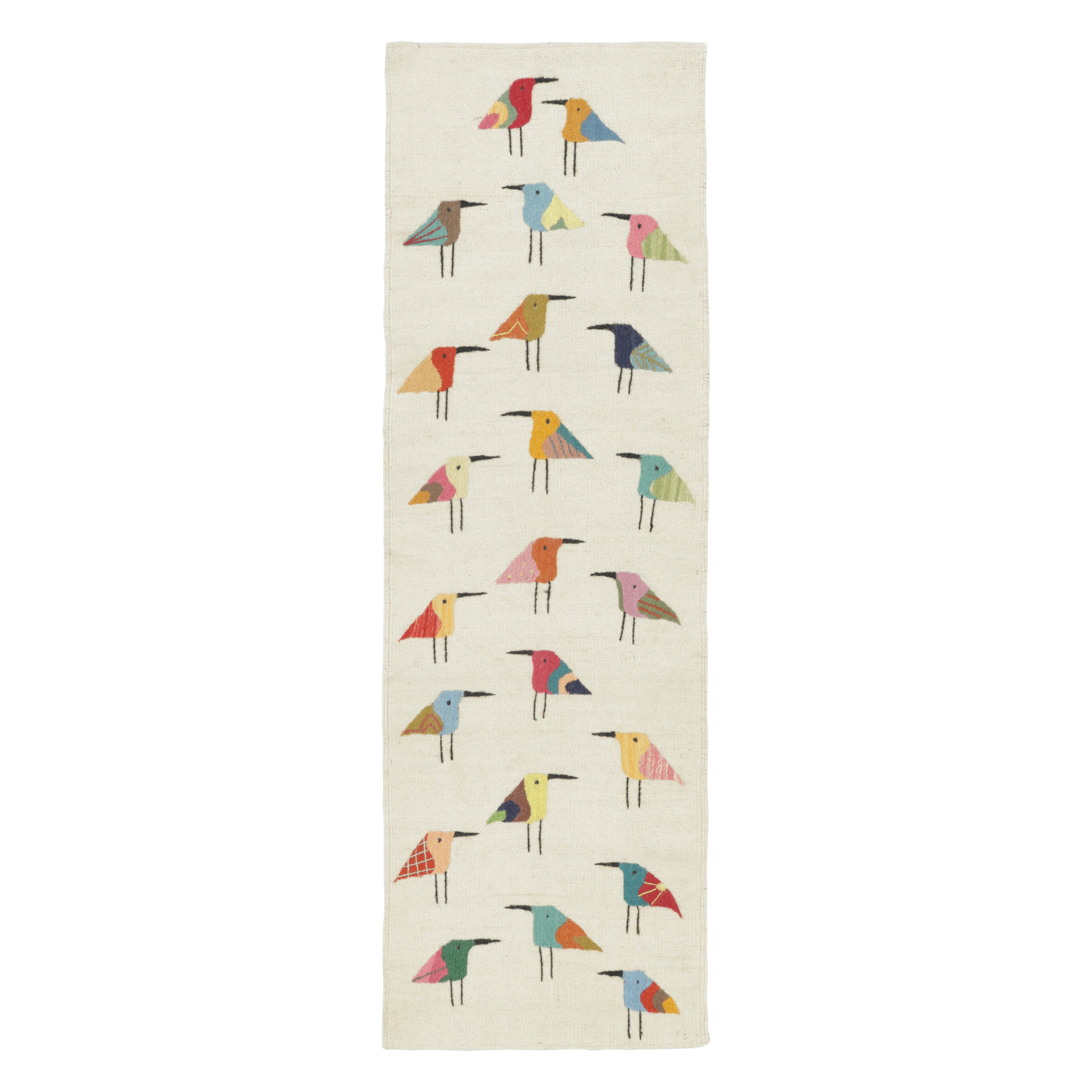 Traves de Mesa Suzani de Rug 
Kilim, Vibrantes Dibujos de Pájaros sobre Blanco